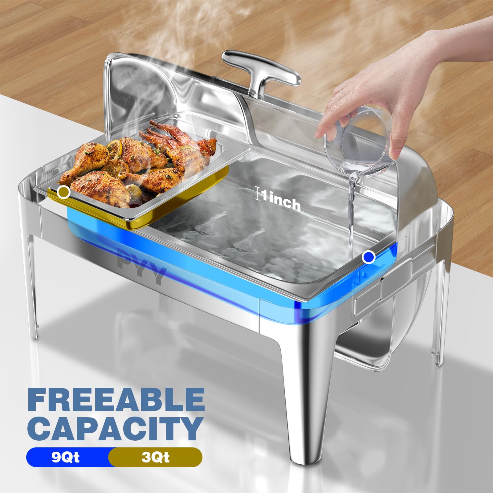 PYY 9QT Stainless Steel Roll Top Chafing Dish Buffet Set with 3 Pans - Commercial Grade Food Warmer for Catering, Restaurants, Weddings & Events | Keep Food Warm at Buffets, Parties & Banquets