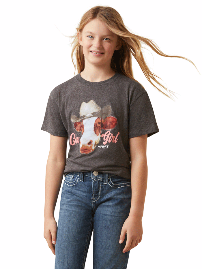 Ariat 10045457 Kids Cowgirl Short Sleeve T-Shirt - Charcoal Heather - Western Style Top for Girls - Perfect for Rodeo, Horse Riding & Country Fashion