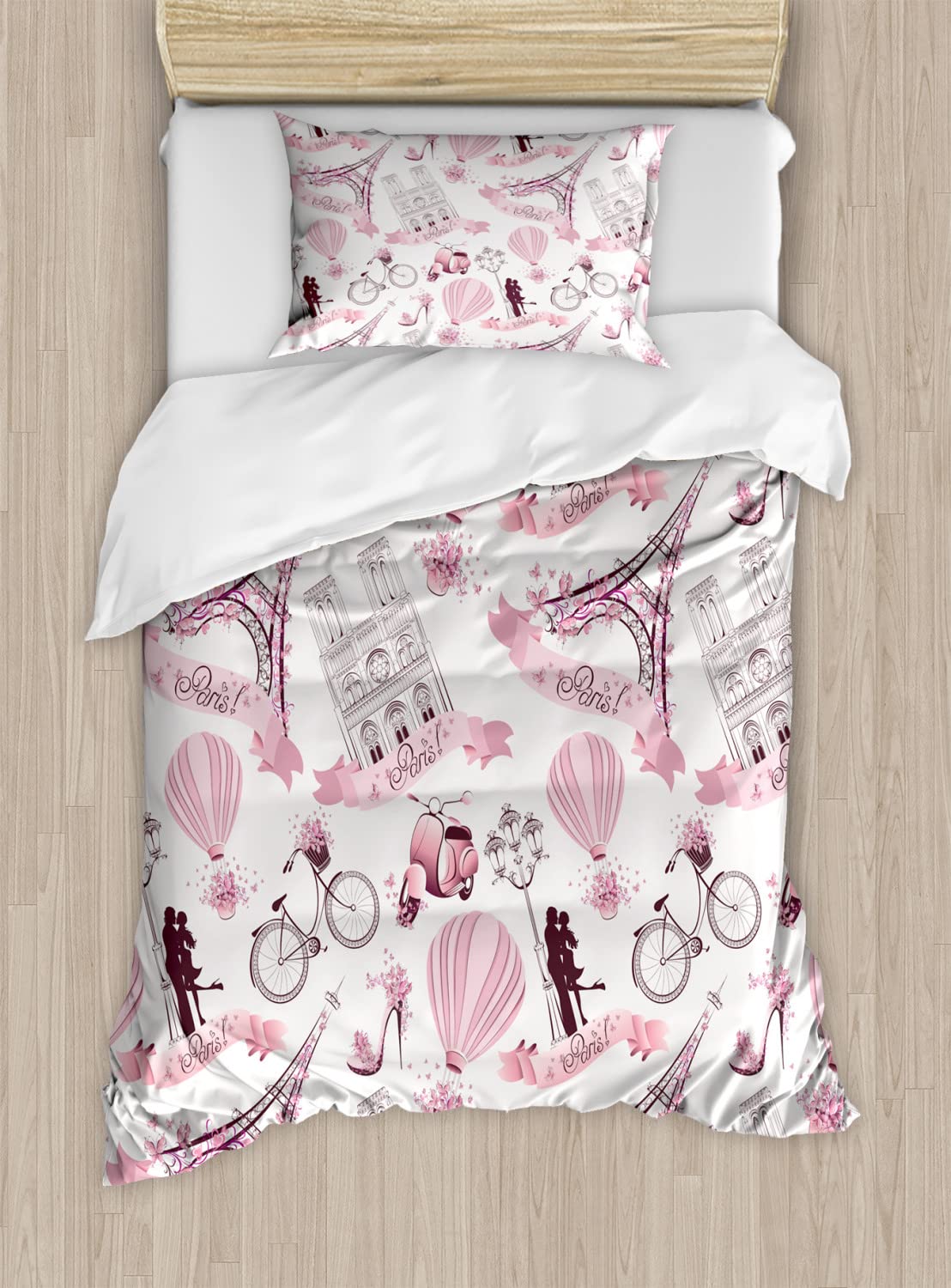 Ambesonne Paris Themed Duvet Cover Set - Eiffel Tower, Hot Air Balloon & Romantic Flowers Design, 2-Piece King Size Bedding Set with 4 Pillowcases in Pale Pink & White | Perfect for Honeymoon Decor, Travel Enthusiasts & Paris-Themed Bedrooms