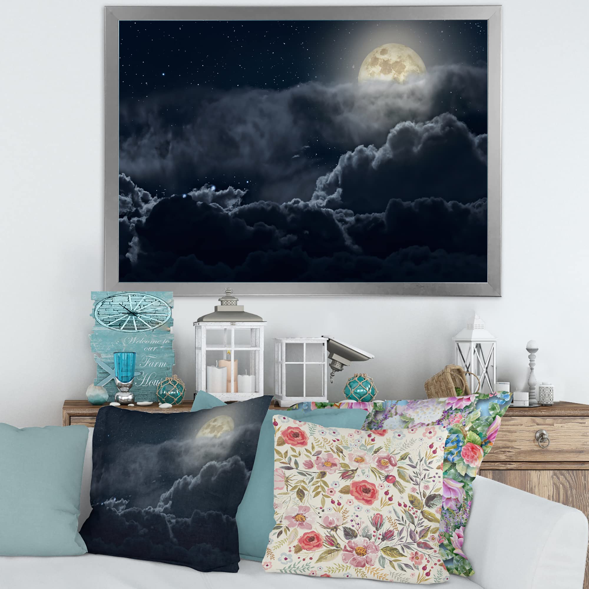 Cloudy Full Moon Night Nautical & Coastal Framed Wall Art - Ocean Themed Home Decor for Living Room, Bedroom, Beach House & Office