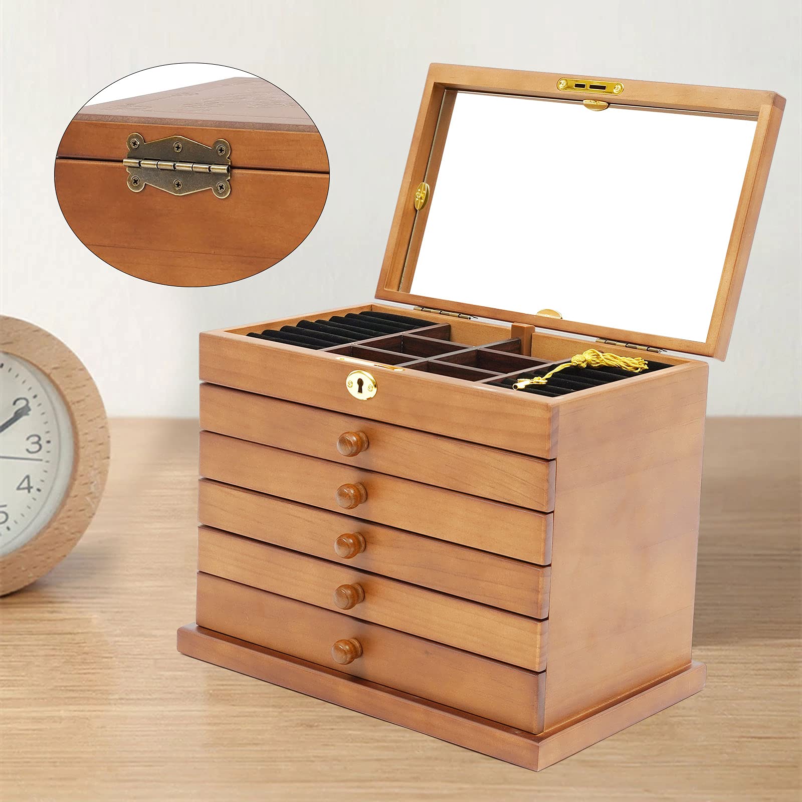 LOYALHEARTDY 6-Layer Large Wooden Jewelry Organizer Box with Mirror & Lock - Ring, Necklace, Earring, Bracelet Storage & Display Case - Perfect Gift for Women & Girls (Home Decor, Bedroom Vanity, Wedding Gift)