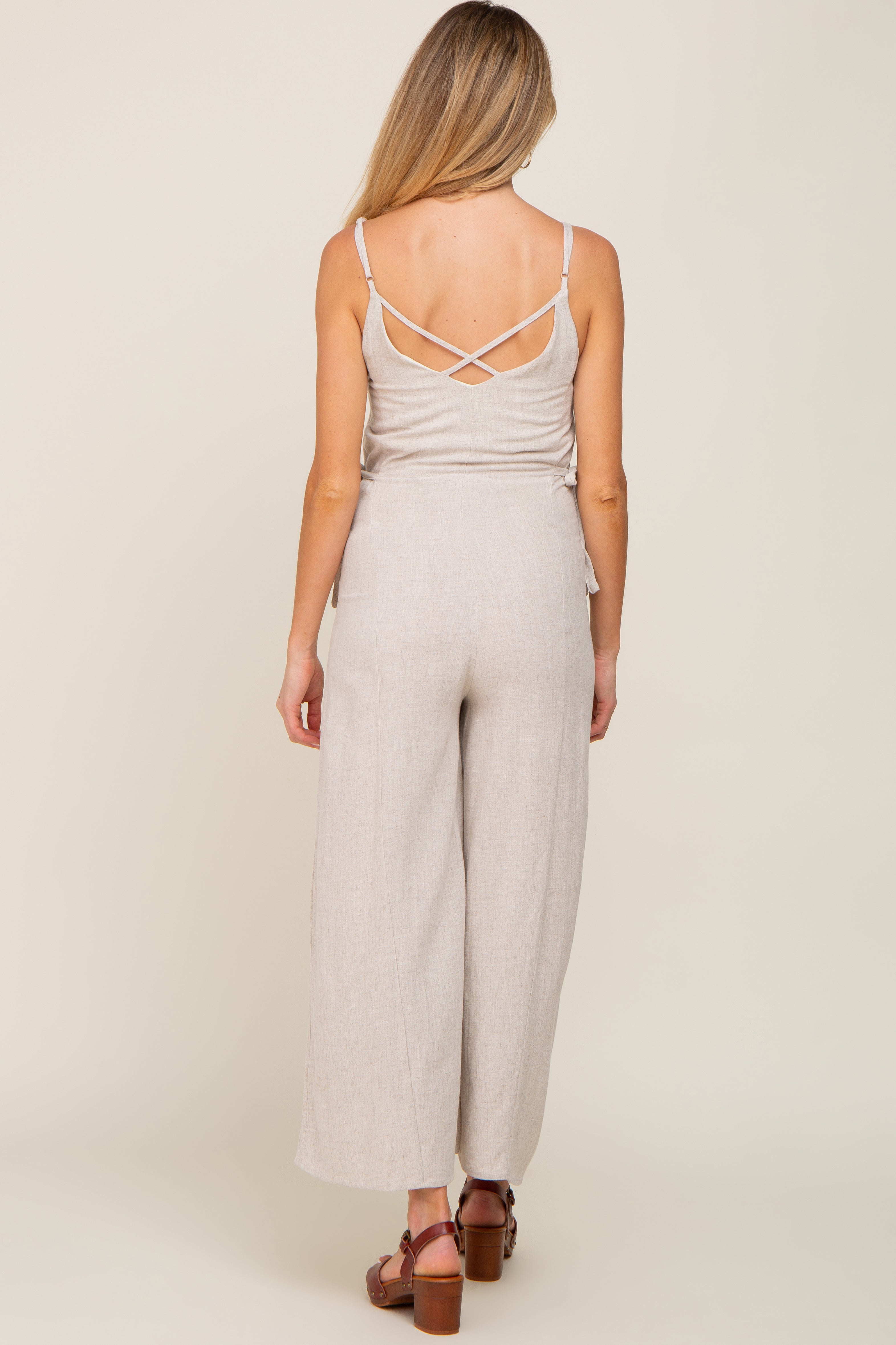 Beige Linen Maternity Jumpsuit - Criss Cross Back & Side Tie Wide Leg Design for Comfortable Pregnancy Wear | Perfect for Casual Outings, Maternity Photos & Summer Maternity Fashion