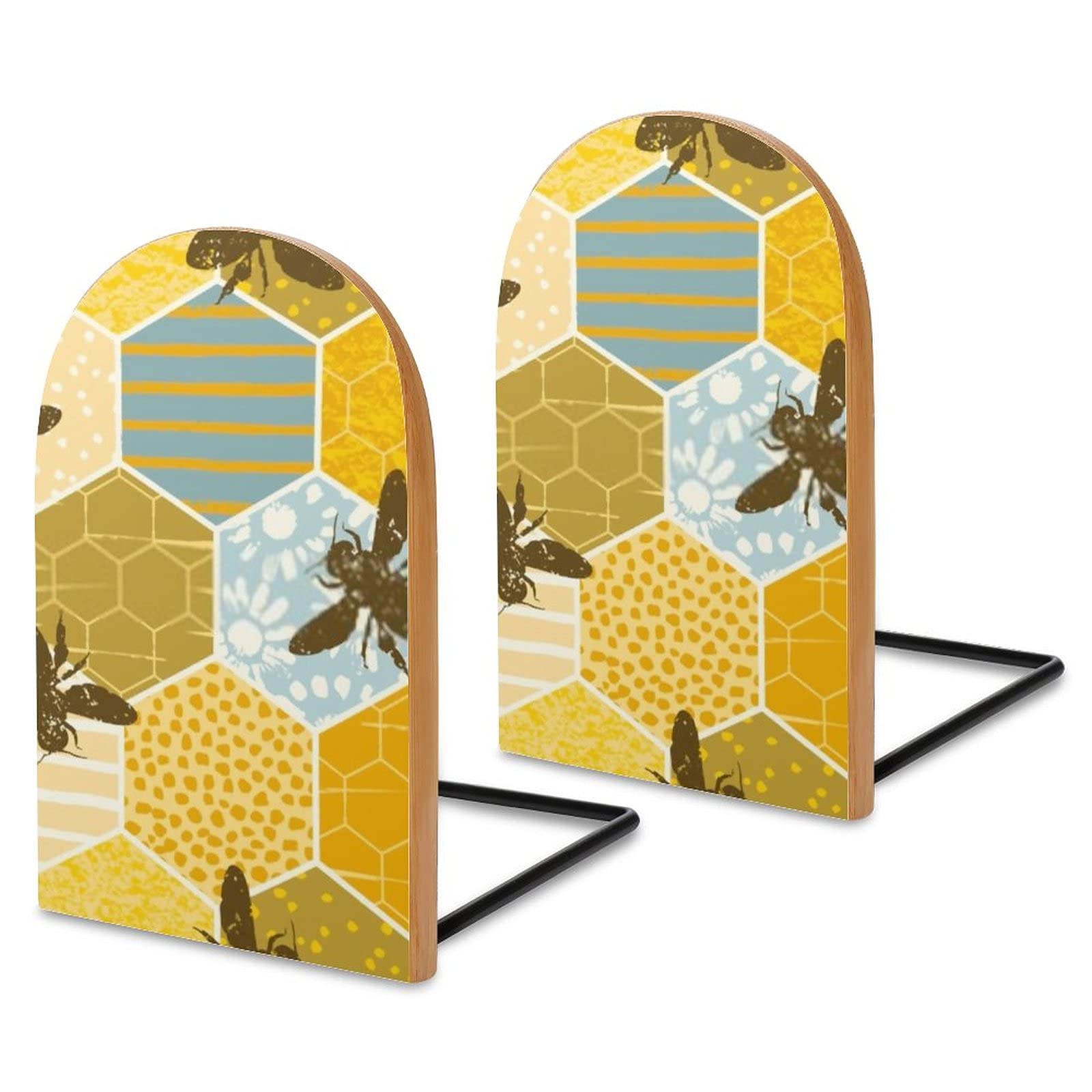 Honeycomb Bee Bookends Set of 2 - Handmade Wooden Book Holder for Nursery, Kids Room & Home Library - Unique Bookshelf Decor for Baby Shower Gifts & Reading Nook Organization