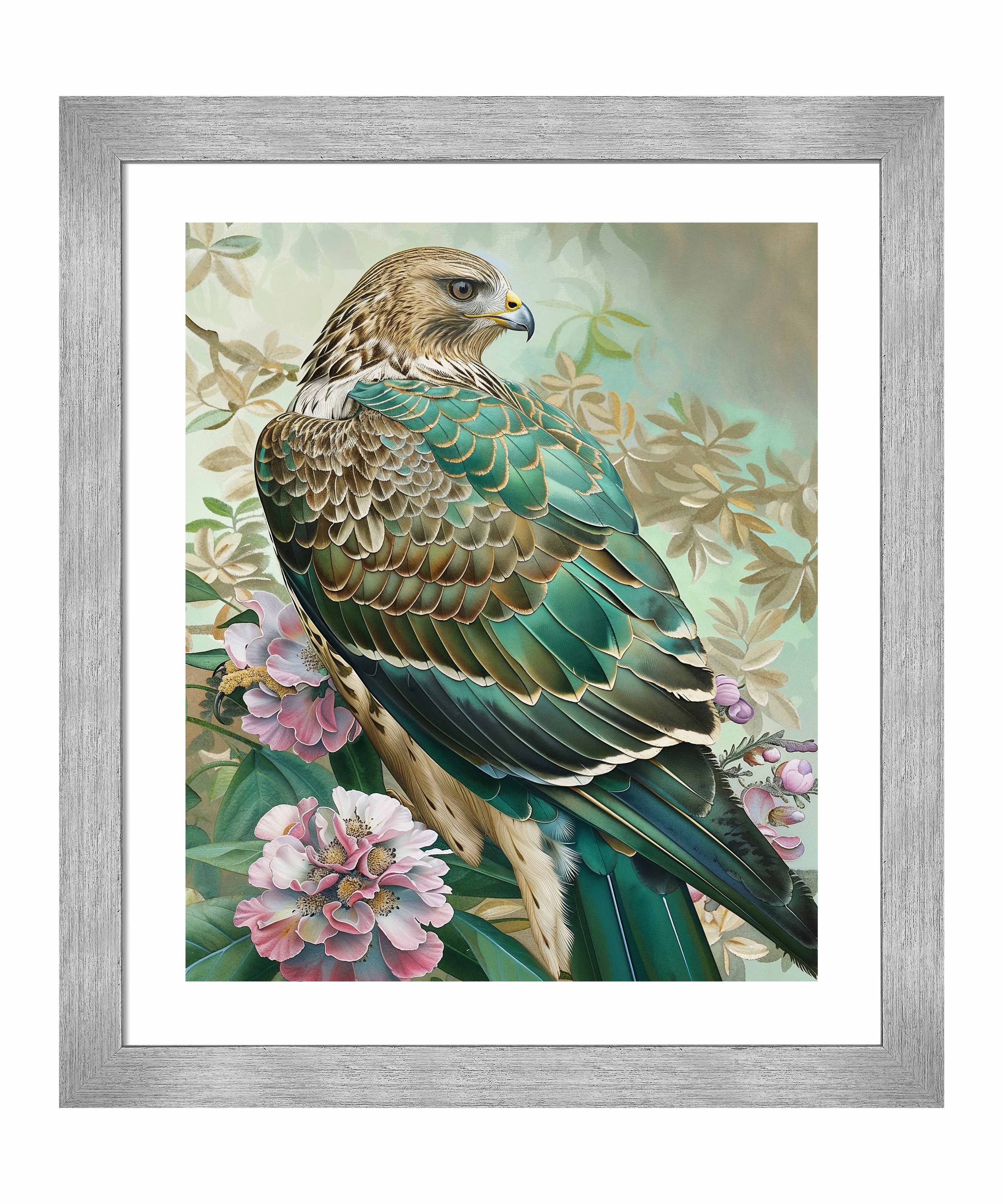Emerald Majesty Hawk Amidst Blossoms Wall Art Print - Stunning Nature Wildlife Decor for Living Room, Bedroom & Office