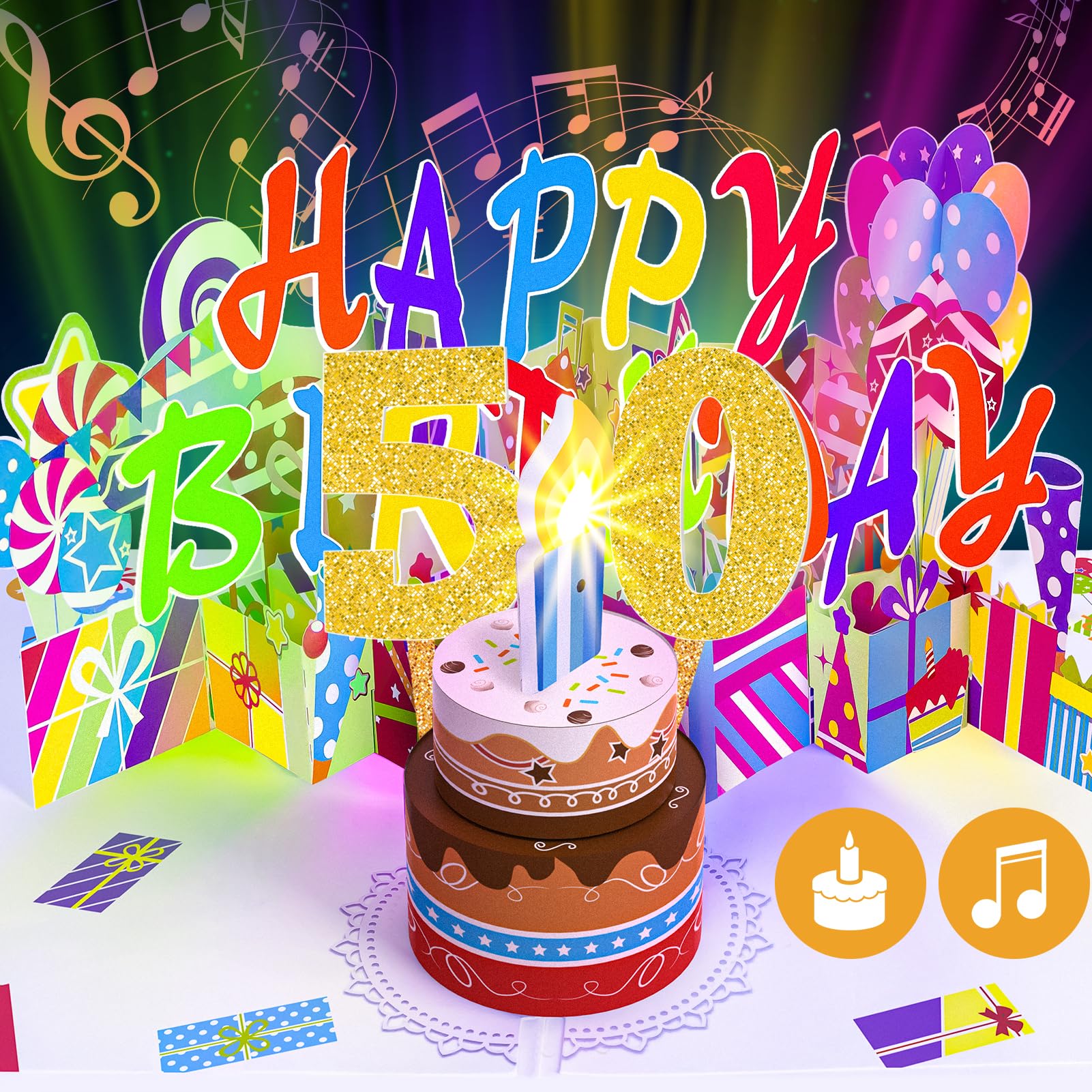 Gumry 50th Birthday Musical Pop-Up Card - Blowable Colorful LED Candle 3D Greeting Card with Birthday Song & Applause Sound Effects - Perfect 50th Birthday Gift for Women & Men - Great for Milestone Celebrations, Surprise Parties & Special Occasions