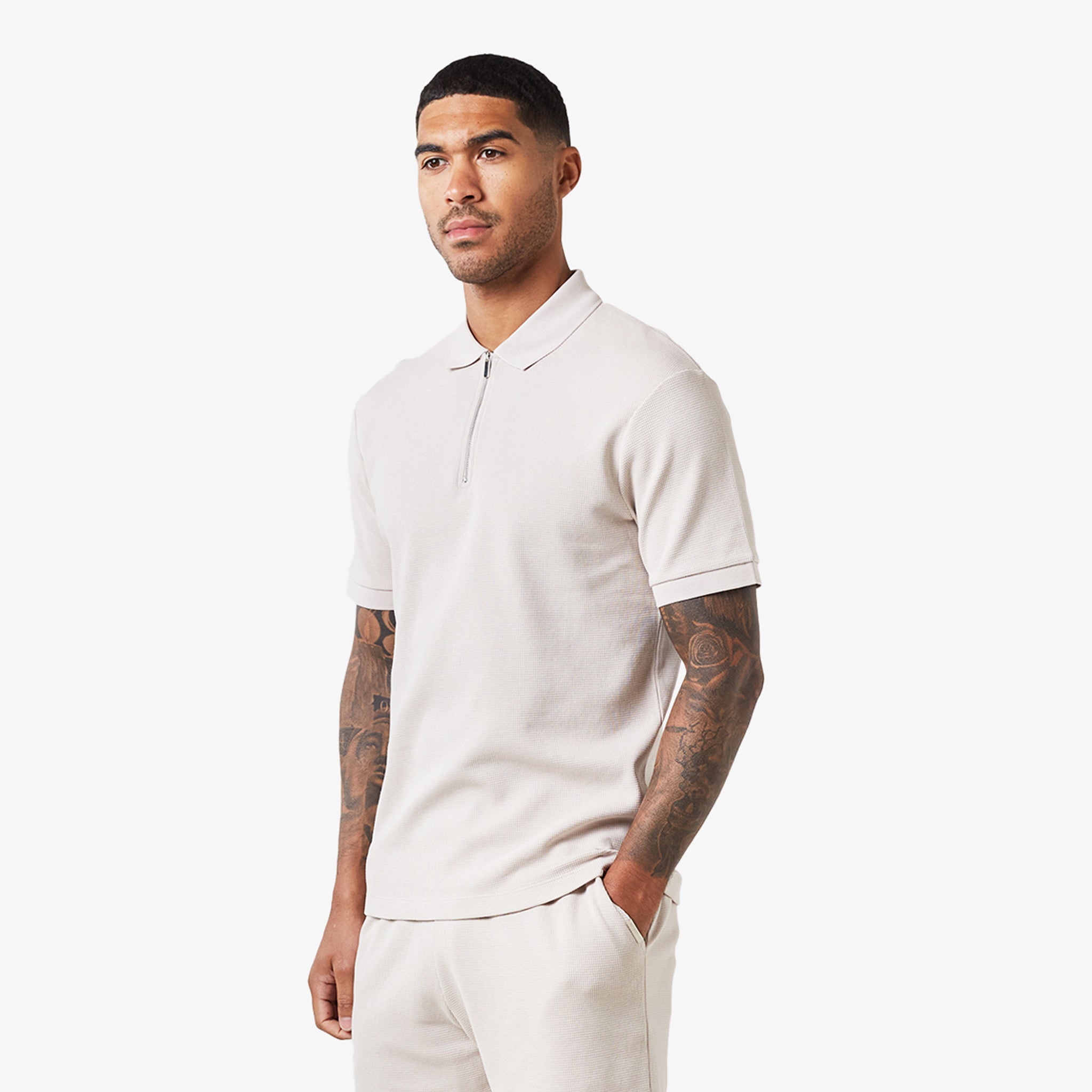 Men's Waffle Knit Zip-Up Polo Shirt in Stone Color | Casual & Business Casual Wear | Perfect for Office, Golf & Weekend Outings