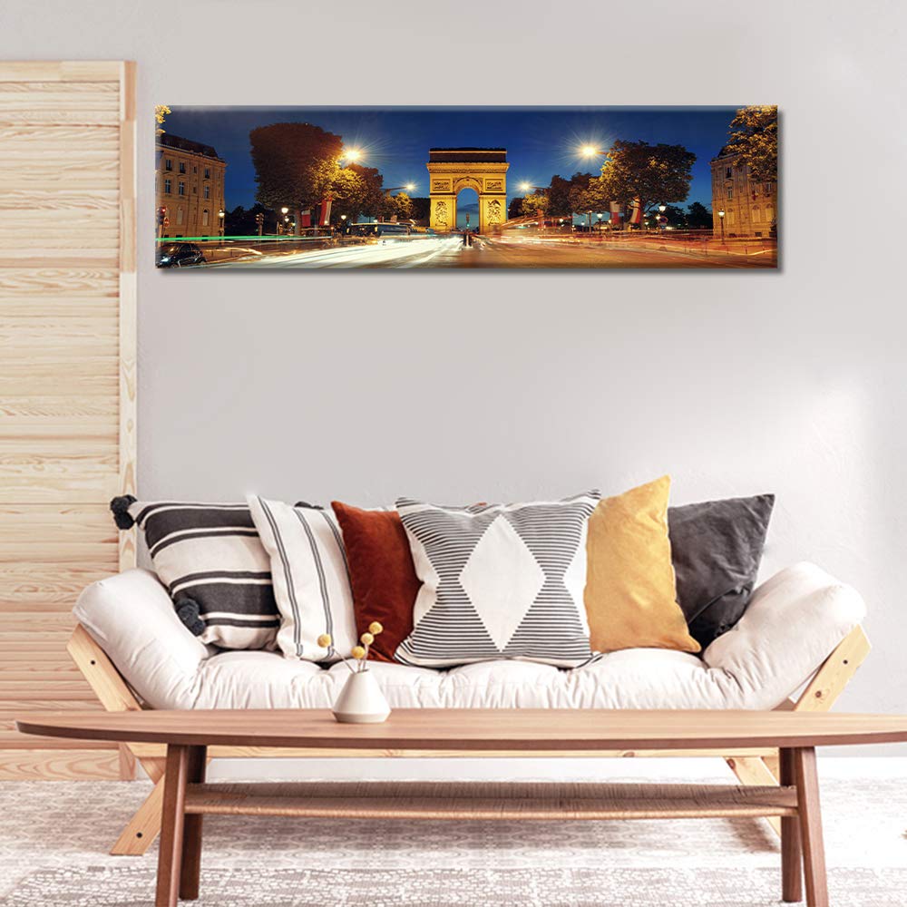 Arc de Triomphe Wall Art - Paris Night Landscape Framed Canvas Print (12x46 Inch) | Modern Home Decor for Living Room & Bedroom | Ready to Hang Wall Decor for French Theme, Office or Gift