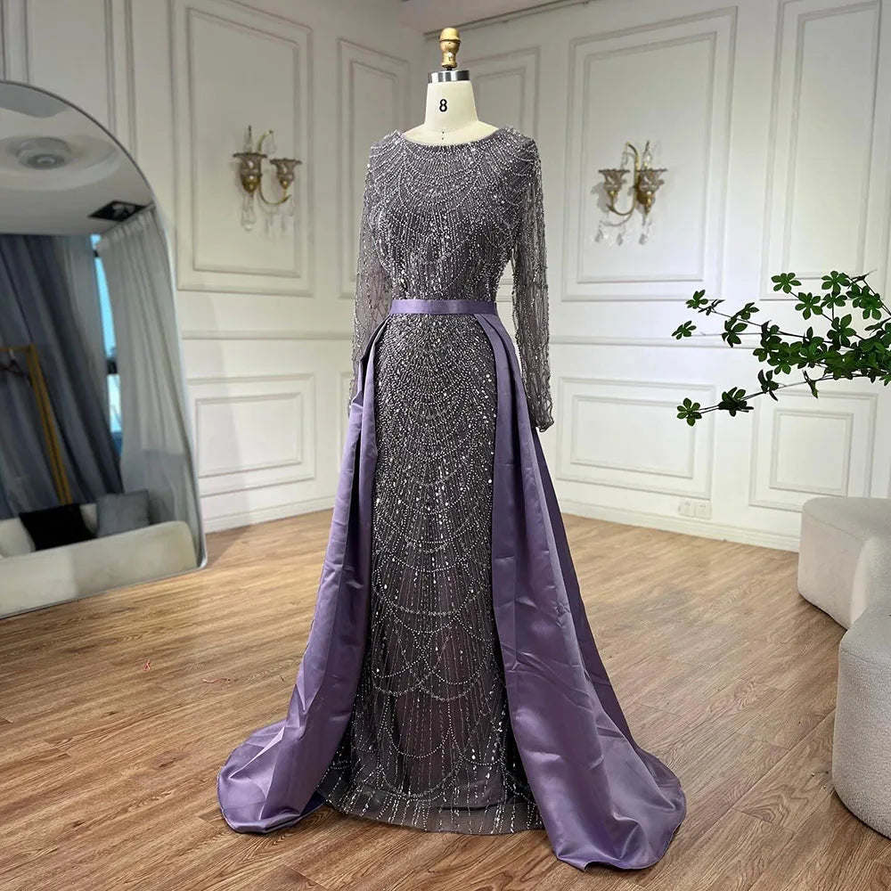 Serene Hill Muslim Purple Mermaid Beaded Pearls Evening Gown with Detachable Overskirt for Women | Elegant Wedding Dress & Party Gown 2025 LA72032E | Perfect for Bridal Showers, Formal Events & Special Occasions