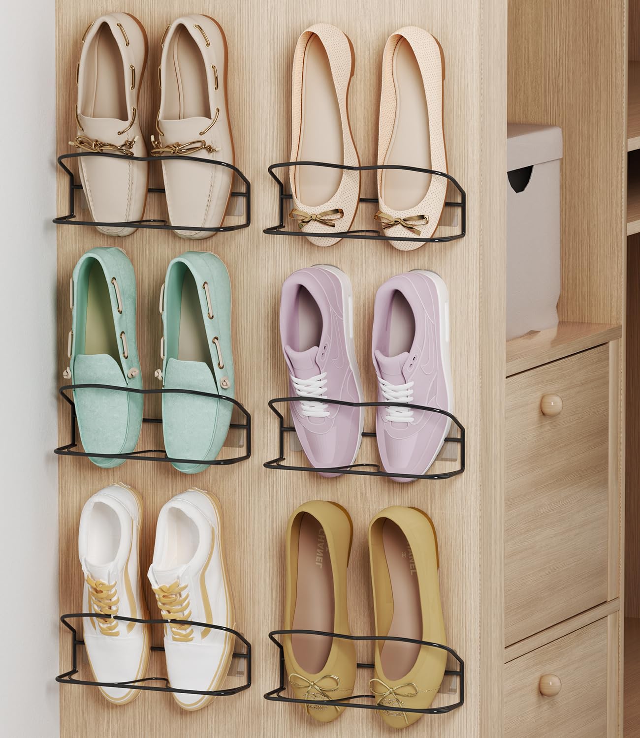 6-Pack Wall Mounted Shoe Rack with Sticky Hanging Strips - Metal Wall Shoe Storage Organizer for Sneakers, Sandals & Boots - Space Saving Solution for Closet, RV, Door & Small Apartments