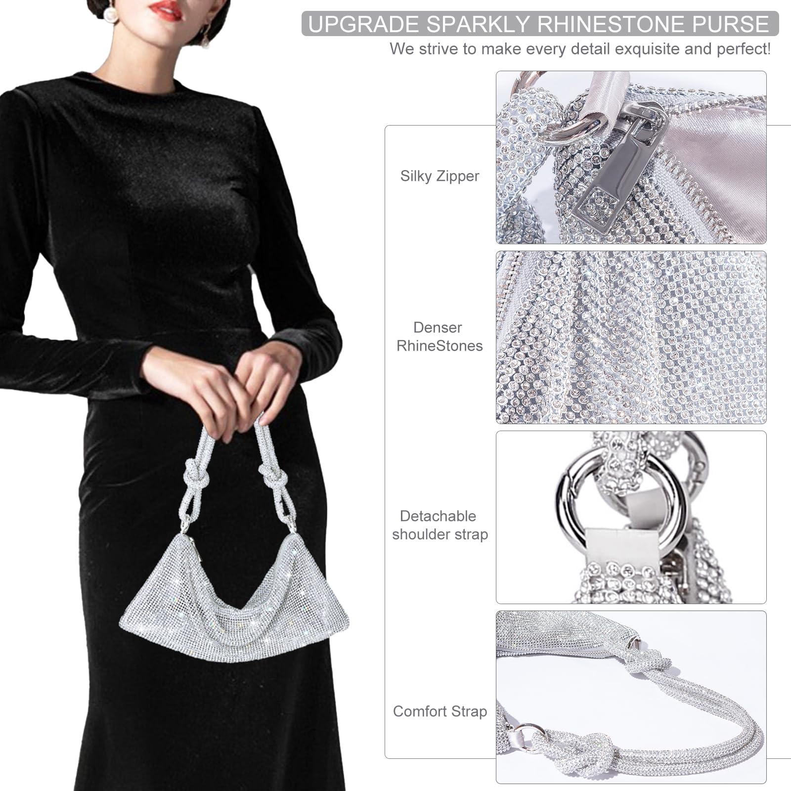 Sparkly Rhinestone Evening Bag for Women - Silver Glitter Prom Clutch, Hobo Handbag for Parties, Weddings & Special Occasions