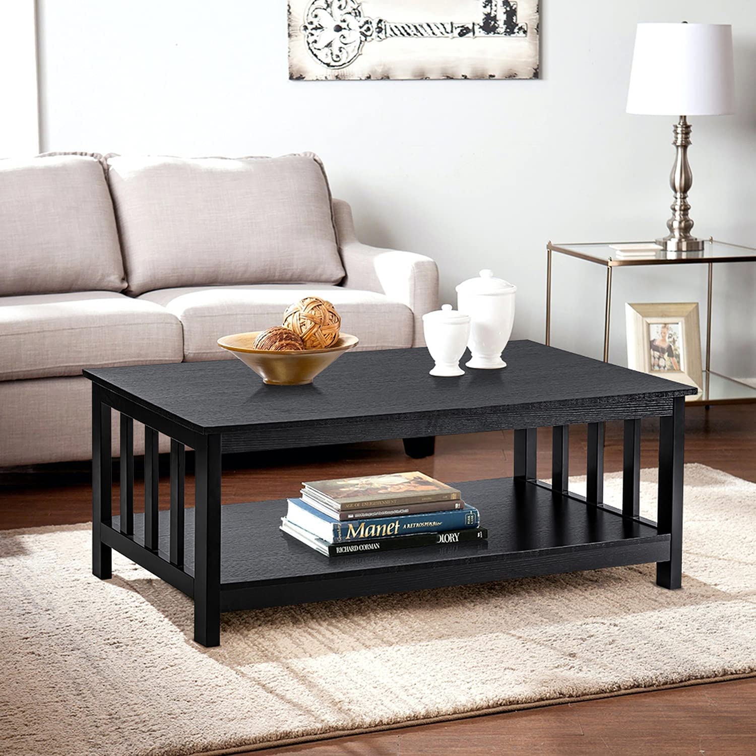 ChooChoo Mission Coffee Table - 40 Inch Black Wood Living Room Table with Shelf | Stylish & Functional Centerpiece for Small Spaces, Apartments, and Modern Home Decor