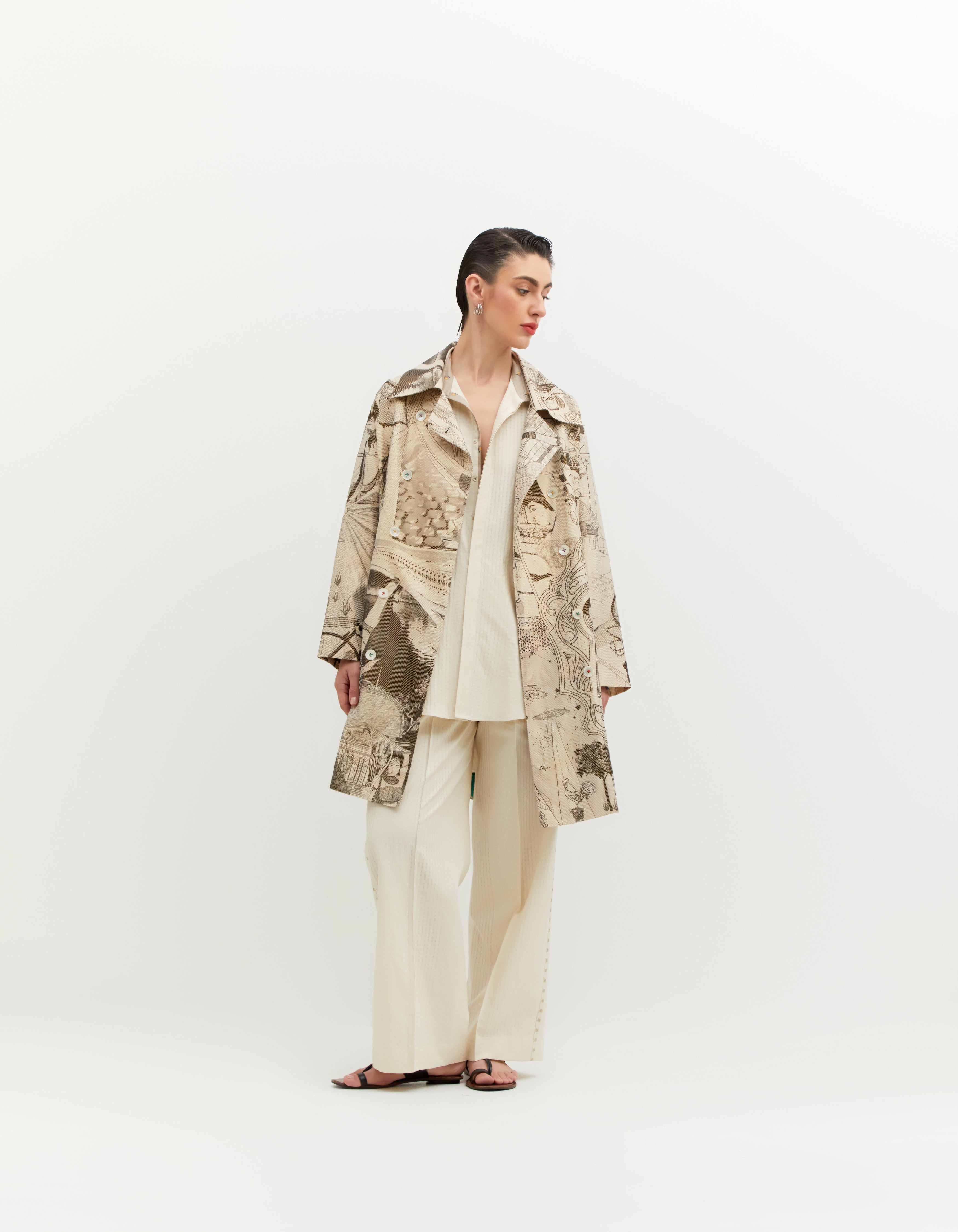 SD Leap Trench Coat - Elegant Silk Brocade in Black & White - Perfect for Business Meetings & Formal Events