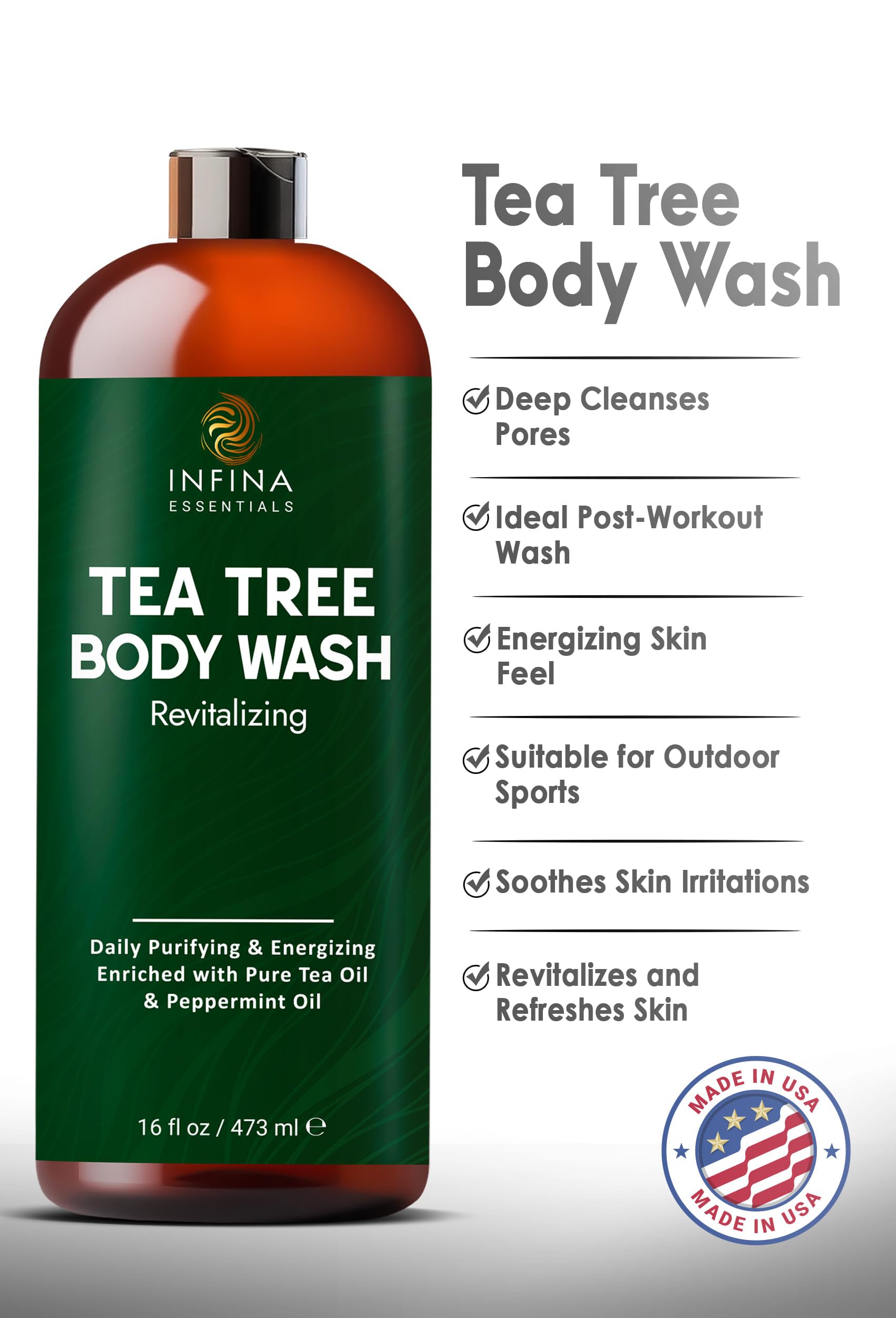 Tea Tree Oil Body Wash for Men & Women - 16 fl oz Invigorating Shower Gel with Deep Cleansing Formula | Helps Reduce Body Odor & Soothes Itchy Skin | Perfect for Post-Workout, Daily Shower & Sensitive Skin Care