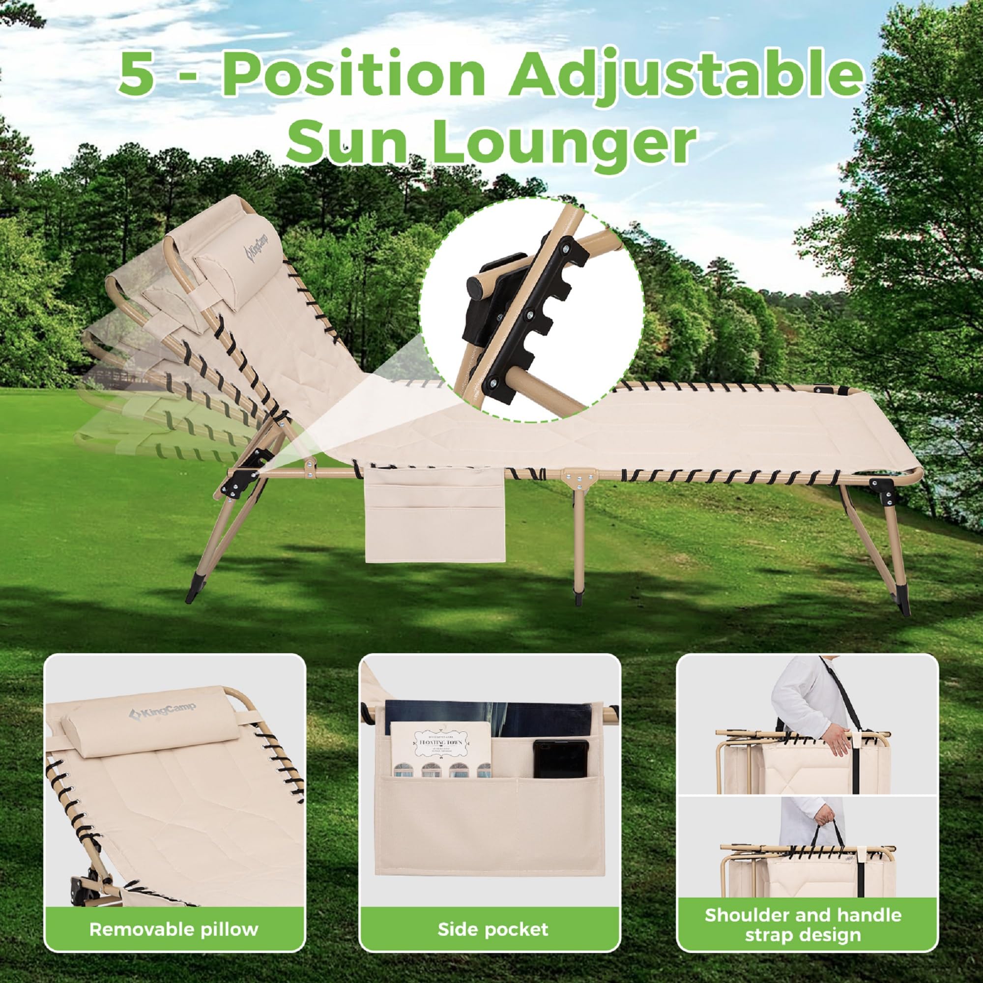 KingCamp Oversized Padded Folding Chaise Lounge Chair - Heavy Duty Adjustable Recliner with Pillow & Storage Pocket for Outdoor, Patio, Beach, Pool - Perfect for Sunbathing, Tanning & Relaxing in Beige