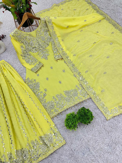 Elegant Light Yellow Sequins Embroidered Palazzo Suit Set for Wedding & Special Occasions | Perfect for Bridal Shower, Reception & Formal Events