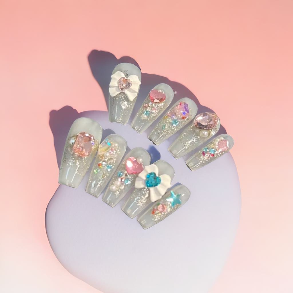 3D Press On Nails - Glossy Jelly Glam False Nails with Sticky Glue - Perfect for Parties, Weddings & Special Occasions