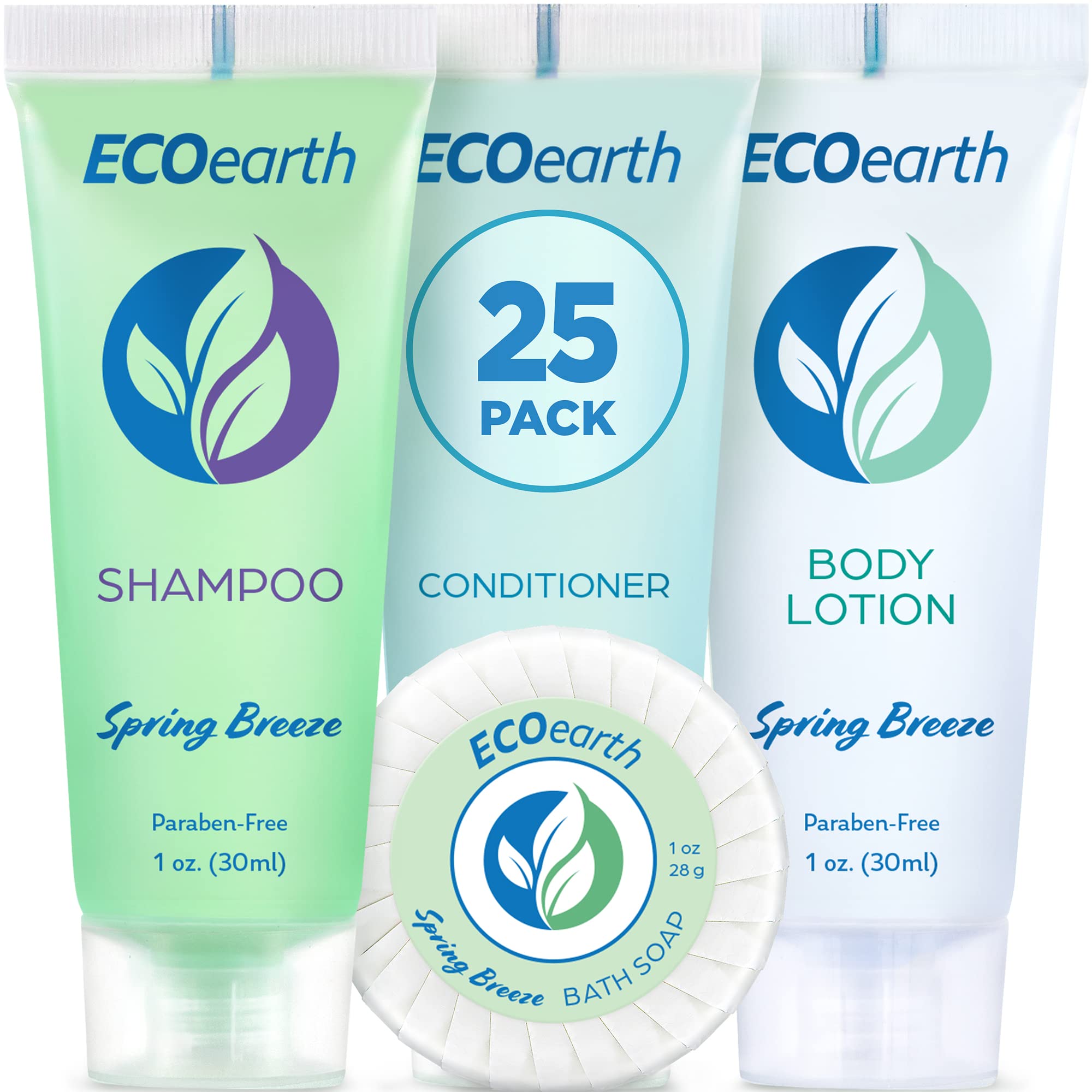 EcoEarth Bulk Hotel Toiletries Set - 100pc Mini Travel Amenities (25 Round Soap Bars, 25 Shampoo, 25 Conditioner & 25 Body Lotion) 1oz Each - Spring Breeze Scent for Hotels, Airbnb & Guest Hospitality Use