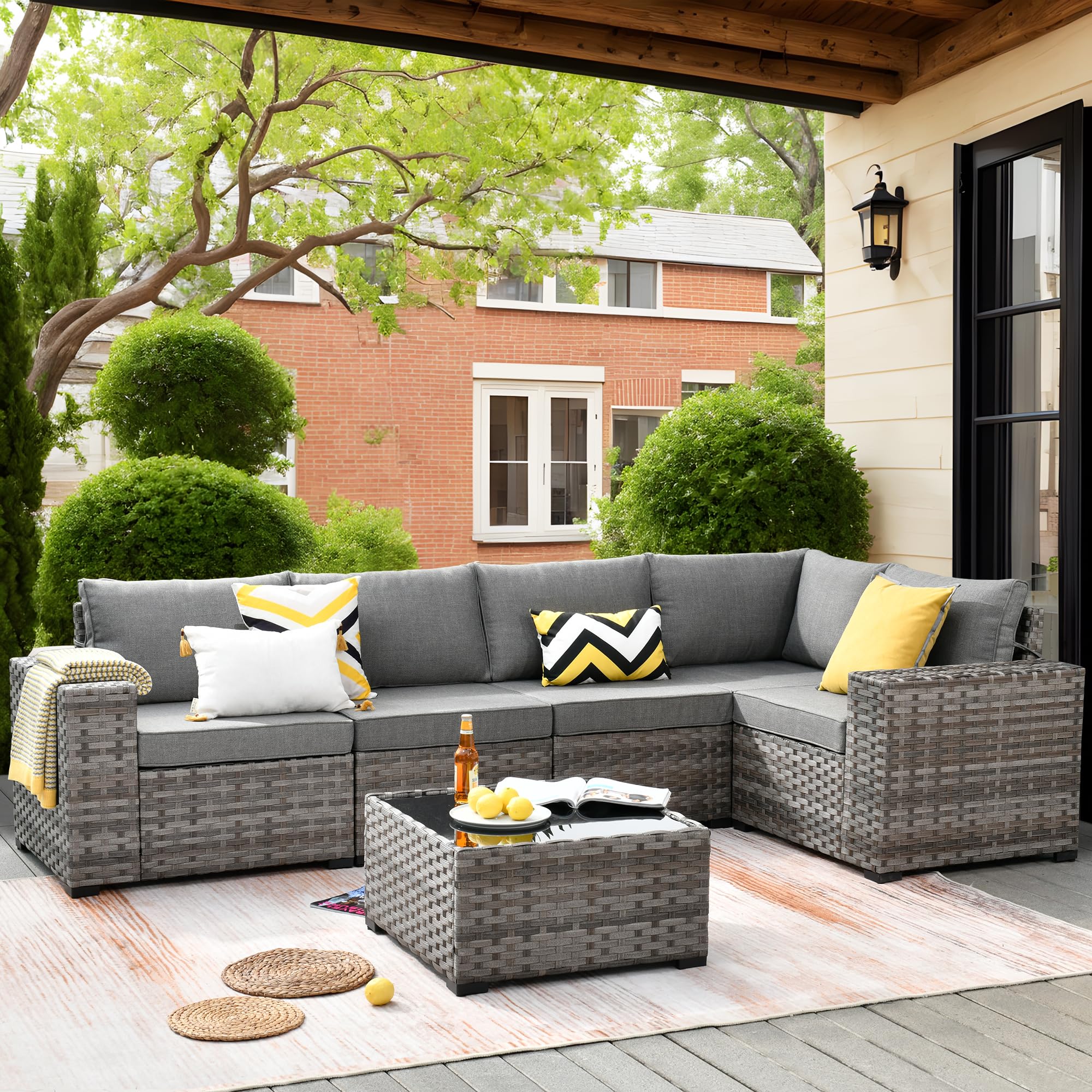 6-Piece Outdoor Patio Furniture Set - Modern Modular Wicker Rattan Sectional Sofa with Deep Seats & Comfy Cushions - Dark Grey Conversation Set for Backyard, Poolside & Garden Relaxation