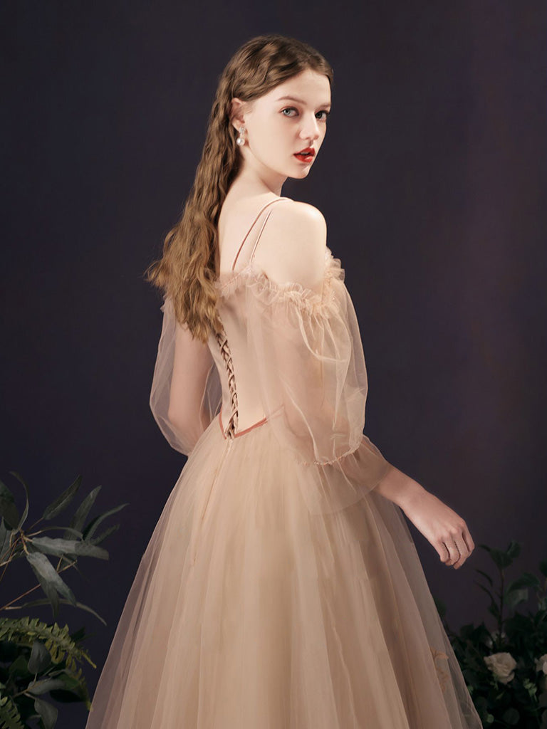 Elegant Champagne Tulle A-Line Long Prom Dress for Formal Events - Perfect for Homecoming, Weddings & Evening Galas
