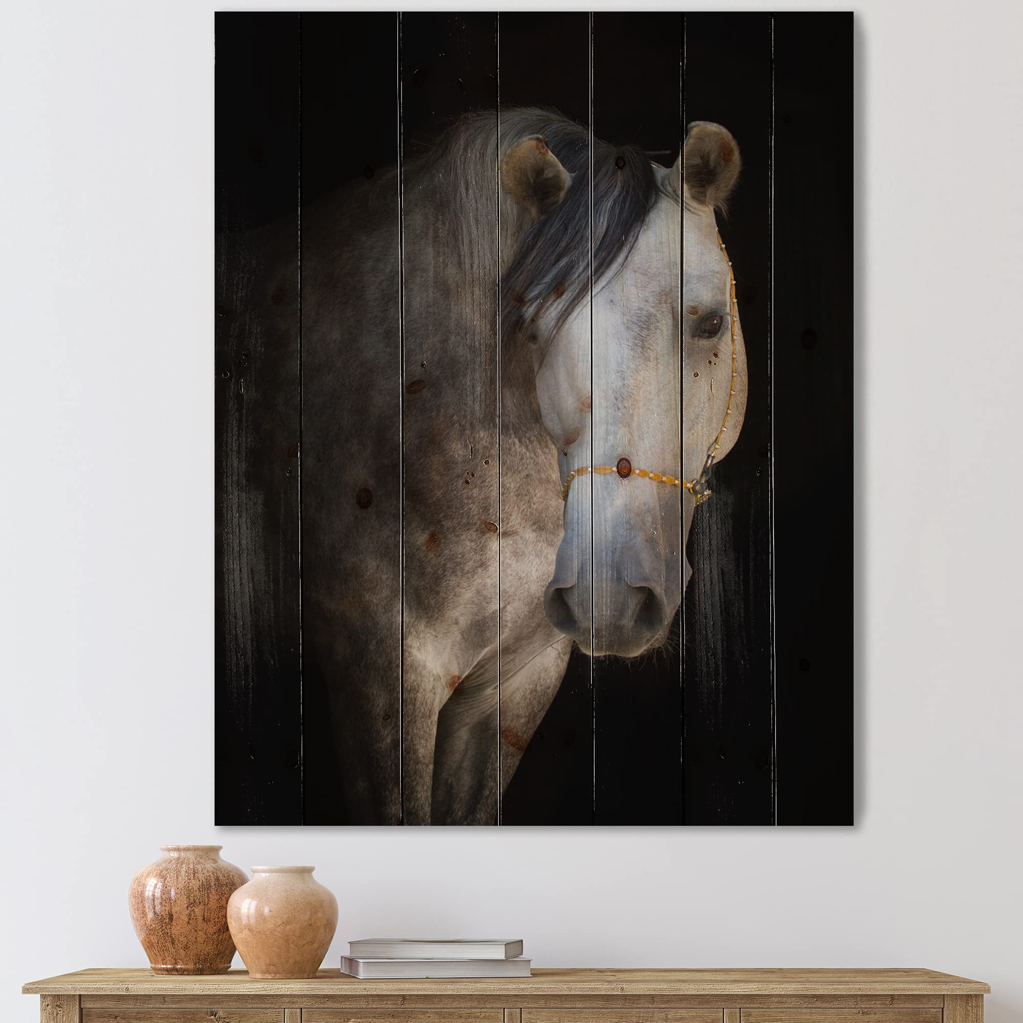DesignQ White Horse Portrait Farmhouse Wood Wall Decor - Brown Wooden Wall Art for Living Room, Large Animal Print on Natural Pine Wood Panel - Perfect for Home, Office & Cabin Decor