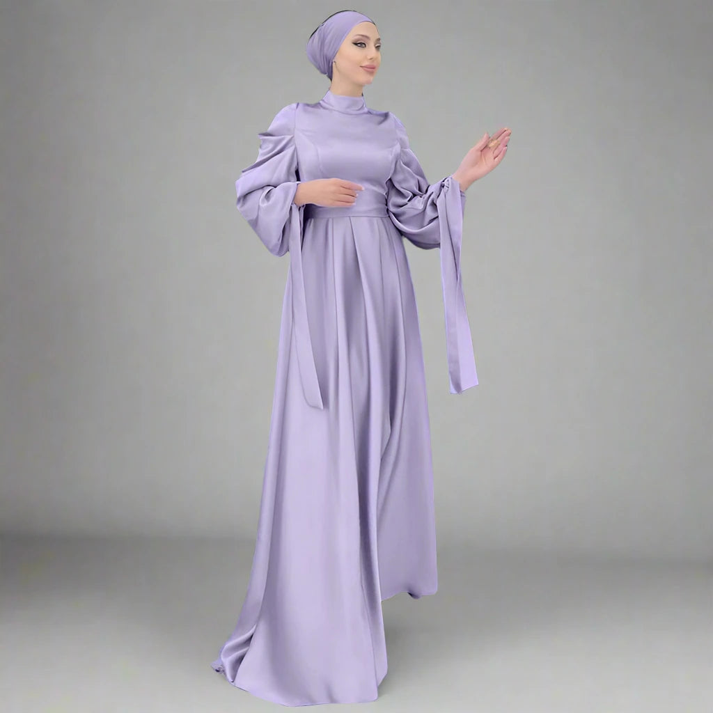 Elegant Muslim Women's Plain Satin Abaya Dress with Matching Hijab Scarf - Perfect for Prayer, Eid Celebrations & Modest Fashion