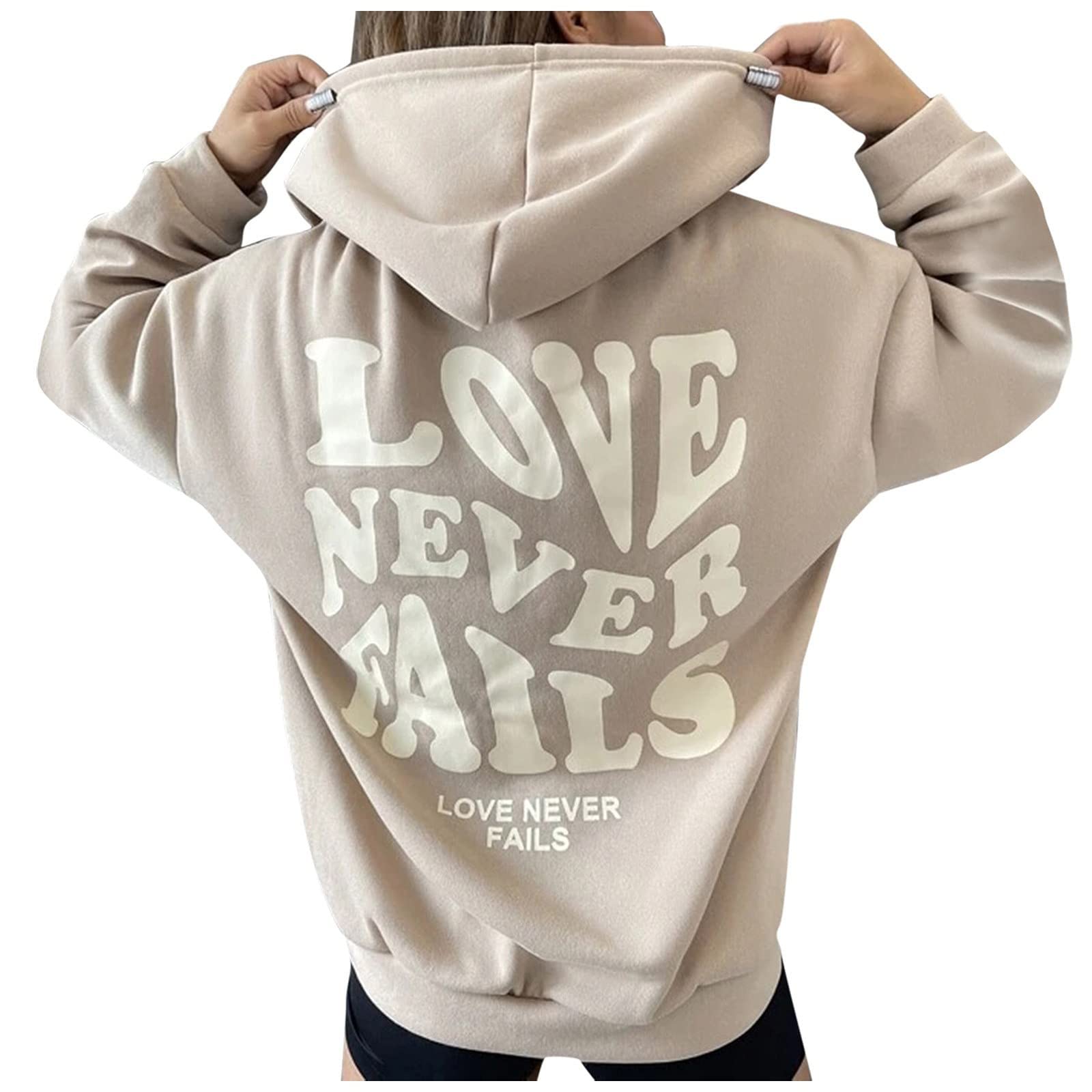 Love Never Fails Women's Pullover Hoodie - Letter Print Thick Casual Winter Sweatshirt, Trendy Long Sleeve Tops for Ladies (Plus Size Available in Beige) - Perfect for Cozy Winter Days, Casual Outings & Layered Streetwear Fashion