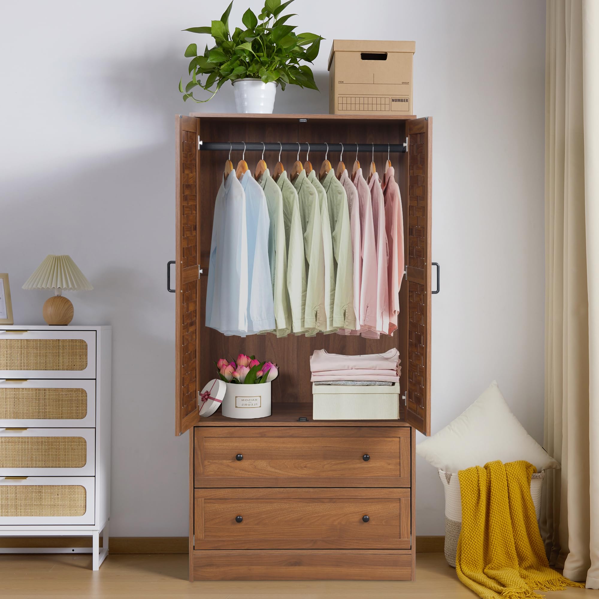 LEVNARY Armoire Wardrobe Closet with 2 Woven Doors, Storage Drawers & Hanging Rail - Freestanding Closet Organizer for Bedroom, Living Room or Dorm (Walnut Finish) - Perfect for Clothes, Shoes & Accessories Storage