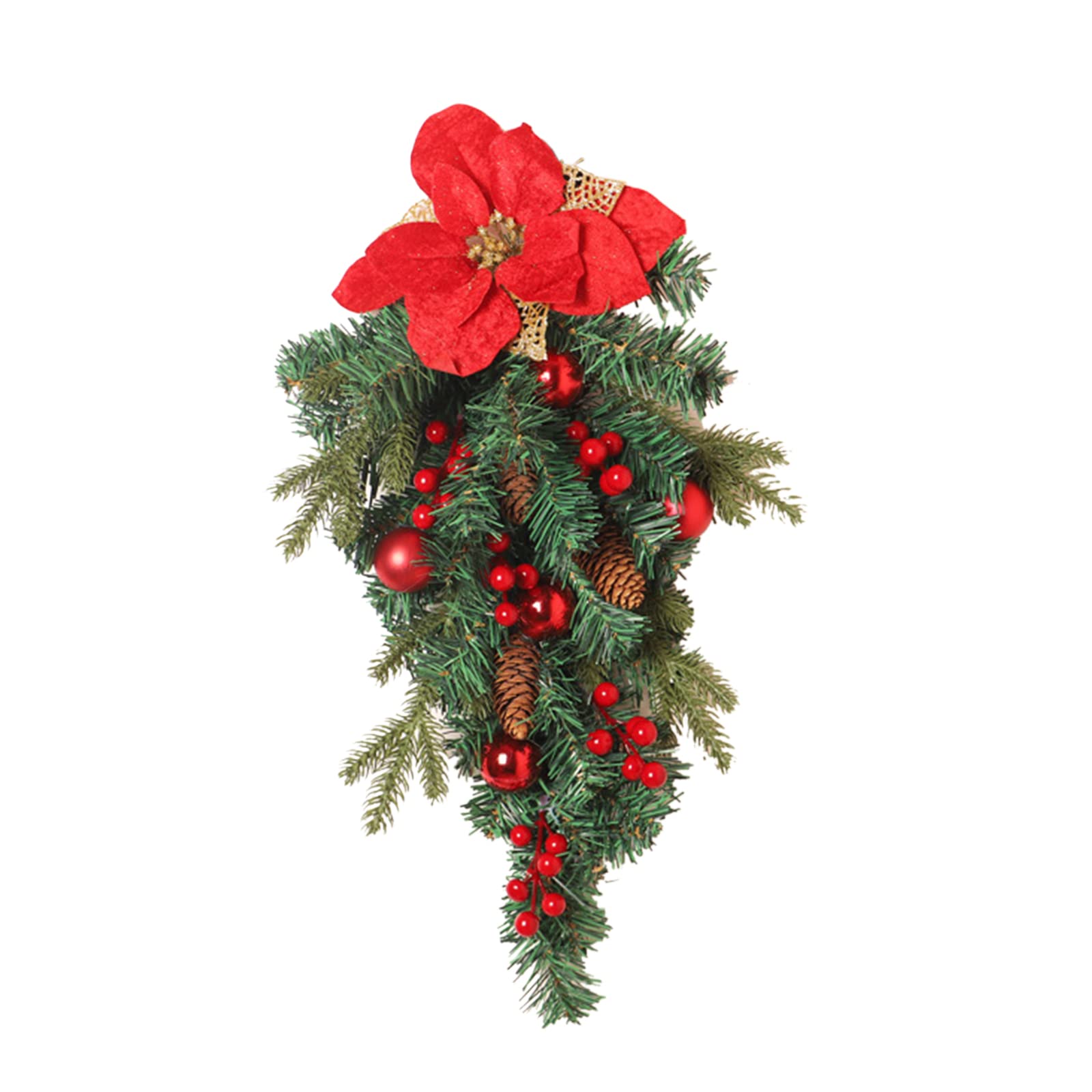 TIEHorse 17.7 Inch Christmas Poinsettia Swag Garland with Red Berries & Pine Cones - Holiday Teardrop Door Decor for Christmas, Wall Hanging, Fireplace Mantel & Festive Home Decoration