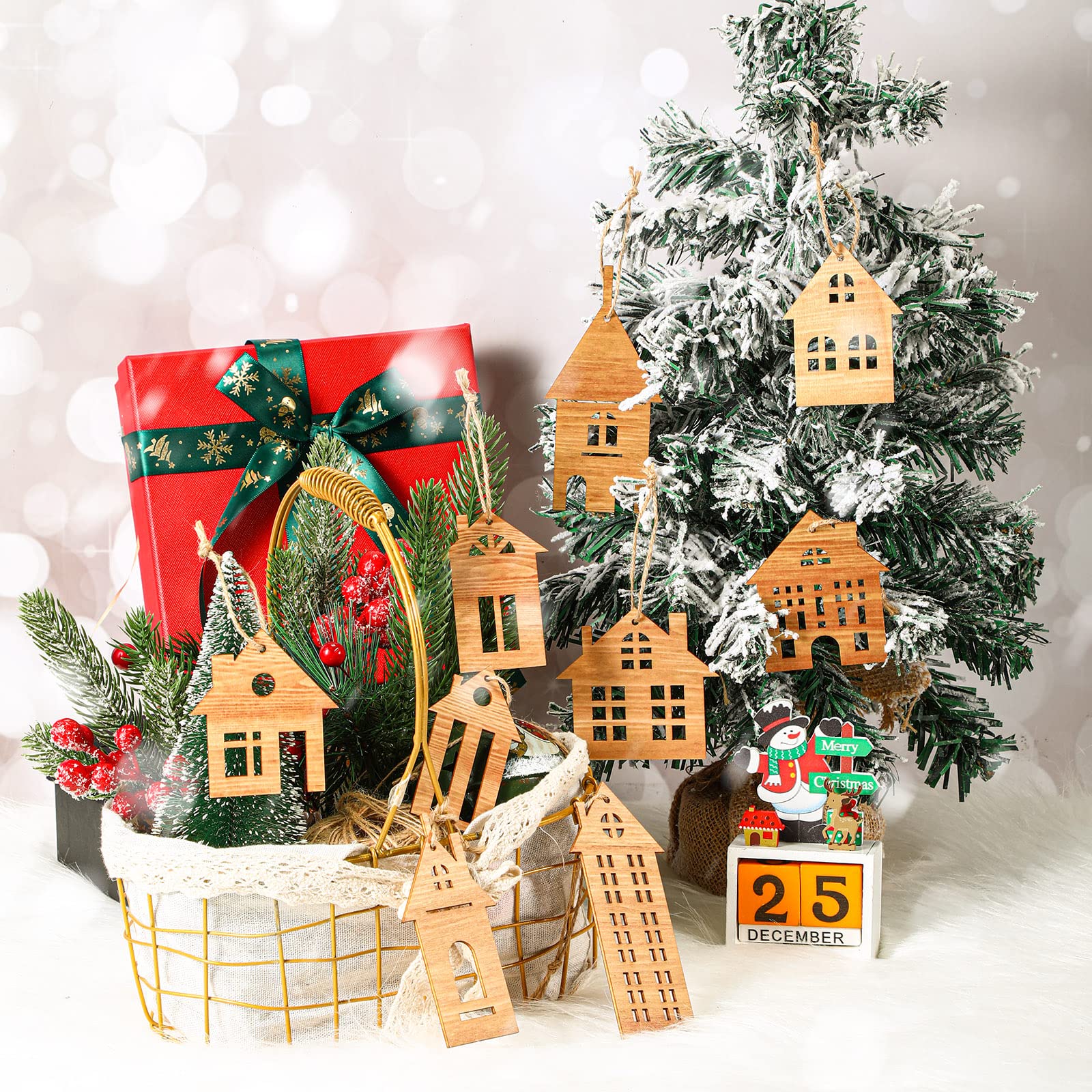 18 Pcs Wooden Christmas Tree Ornaments - Double Sided Hanging Wood House Cutouts with Ropes - Small Rustic Holiday Decor for Xmas Tree, Gift Wrapping & Home Decoration