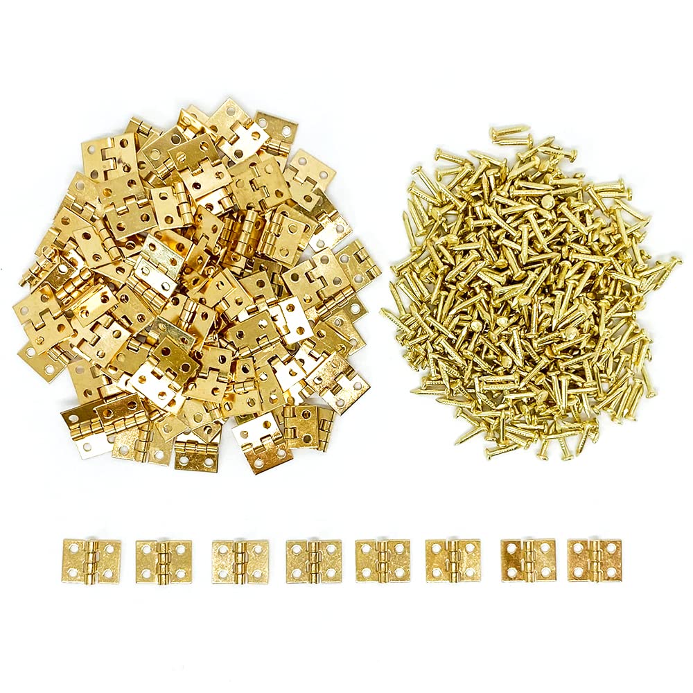 100Pcs Mini Brass Hinges 10x8mm - Tiny Gold Hinges for Miniature Furniture, Wooden Jewelry Box, Dollhouse Cabinet & DIY Crafts - 180 Degree Rotation with Mounting Nails - Perfect for Small Woodworking Projects, Model Making and Home Decor Accessories
