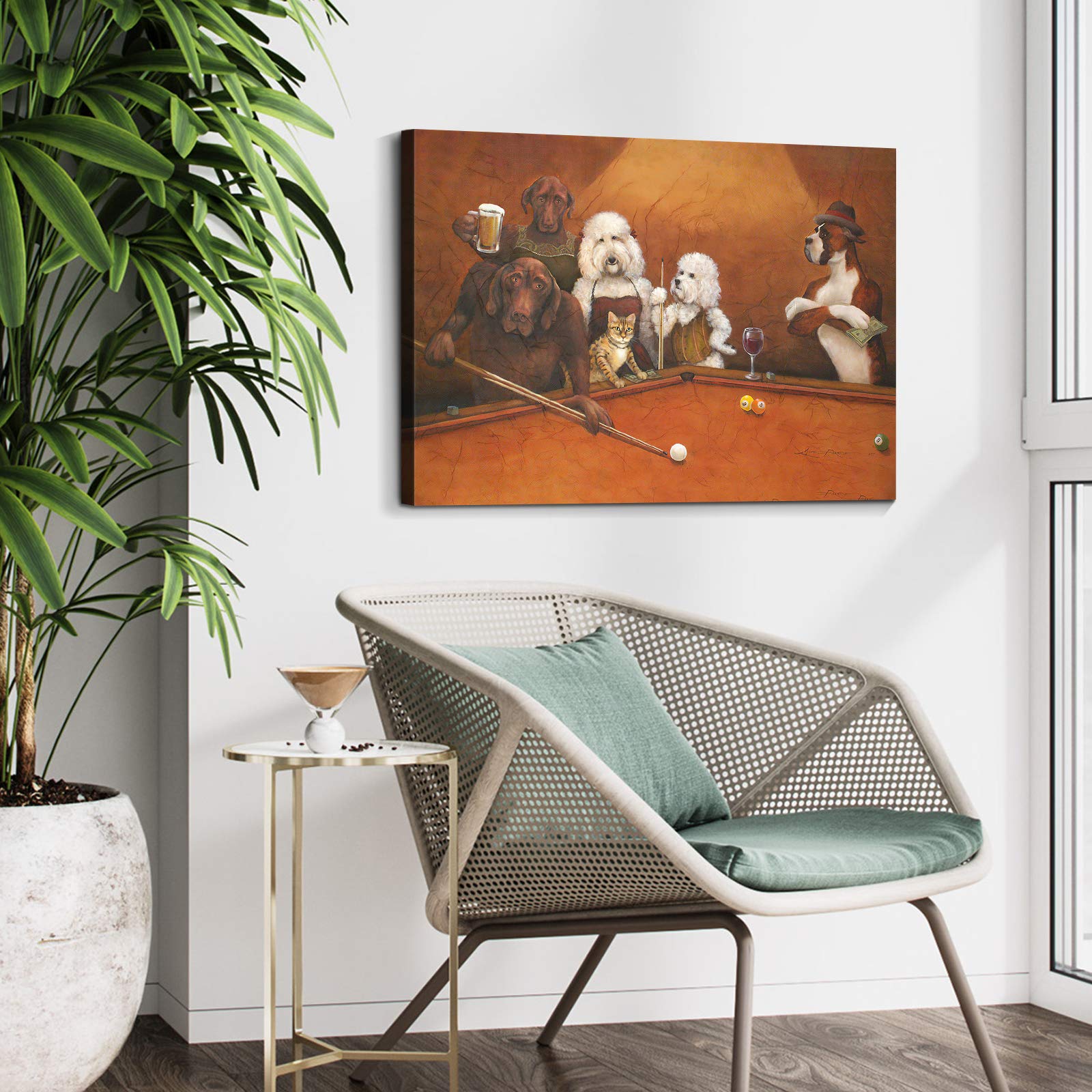 Denozer Dogs Playing Pool Oil Painting Reproduction - Cassius Marcellus Coolidge Billiards Art Giclee Canvas Print, 40x30 Inch Ready to Hang Wall Decor for Game Room, Man Cave or Entertainment Space