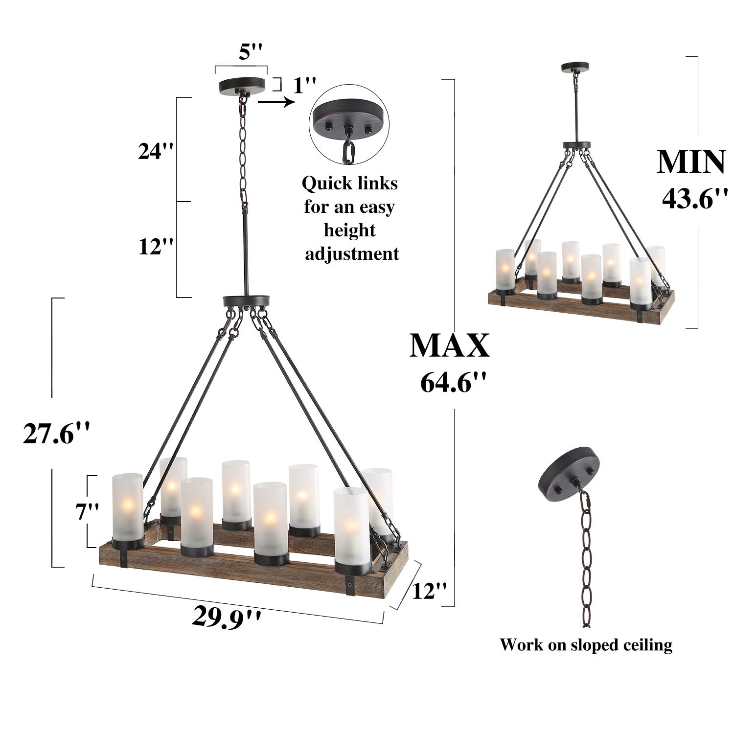 Rustic Farmhouse Wood Chandelier - Large Black Rectangular Light Fixture with Frosted Glass Shade for Kitchen Island, Dining Room, Living Room & Bedroom Lighting | Perfect for Country Style Home Decor