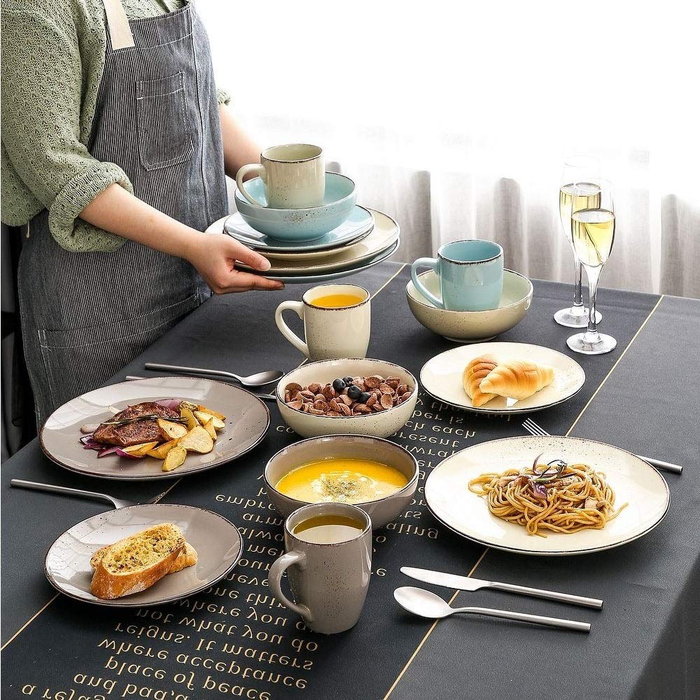 16-Piece Vintage Ceramic Dinnerware Set - Heavy Duty Stoneware, Dishwasher & Microwave Safe, Scratch Resistant - Off White & Blue Plates, Bowls, Mugs - Service for 4 - Perfect for Family Dinners, Entertaining Guests & Everyday Use