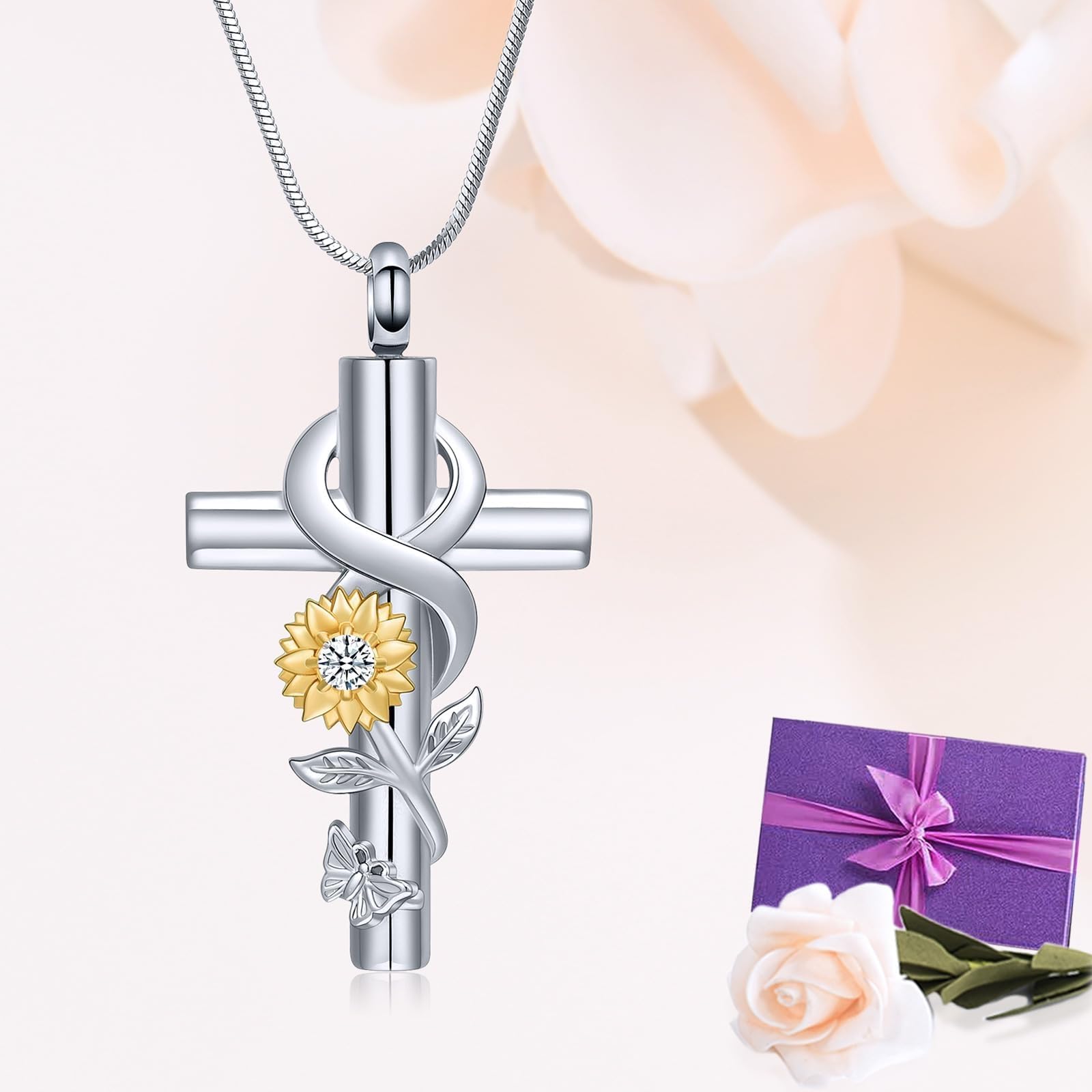 Sunflower Cross Urn Necklace for Ashes - Cremation Jewelry for Women, Pets & Loved Ones - Keepsake Memorial Pendant for Sunshine Remembrance - Perfect for Funerals, Memorials & Everyday Wear