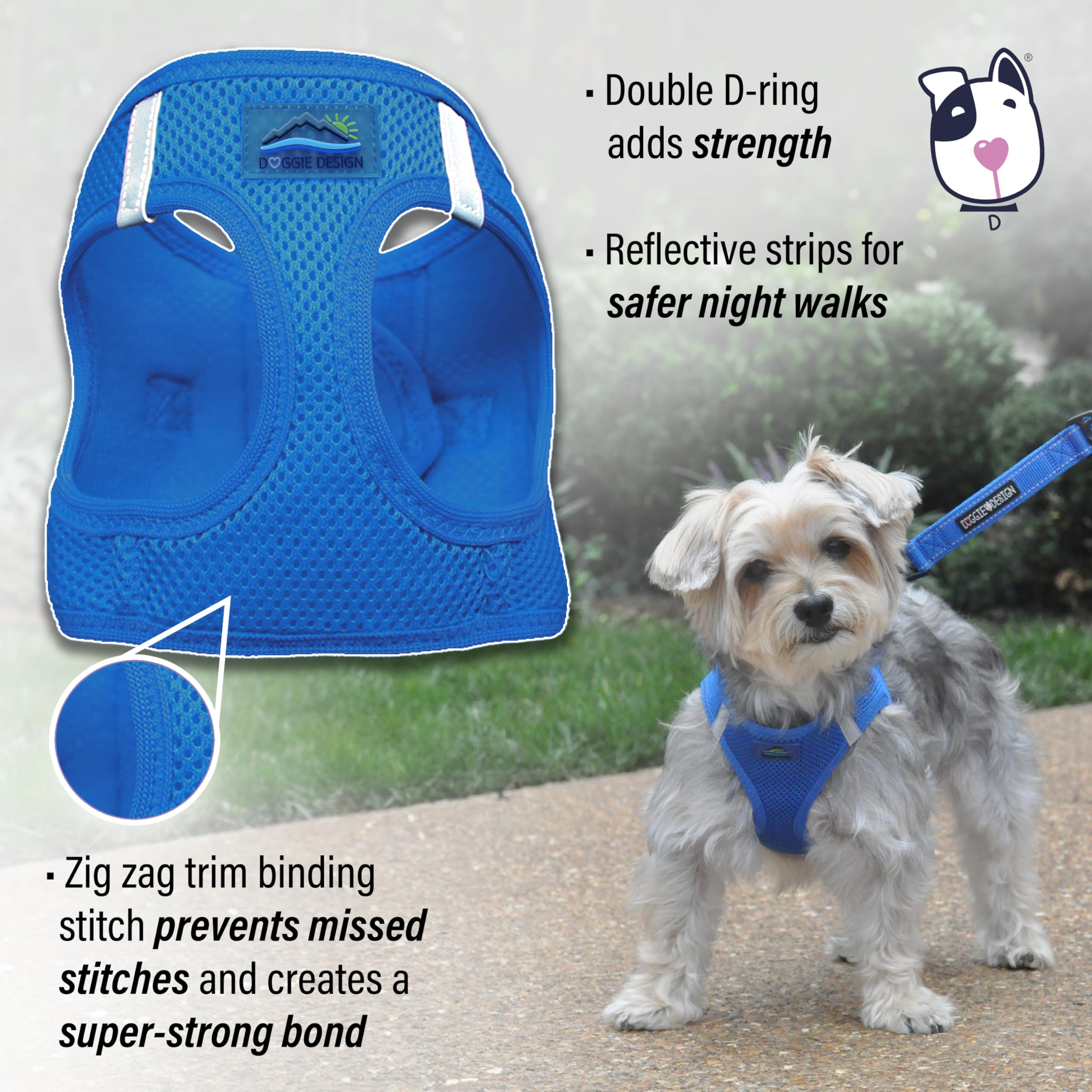 Doggie Design No-Choke Dog Harness - Breathable Mesh Polyester Pet Vest with Easy Step-in Design for Small, Medium & Large Dogs - Cobalt Blue Size L | Perfect for Walking, Hiking & Outdoor Adventures