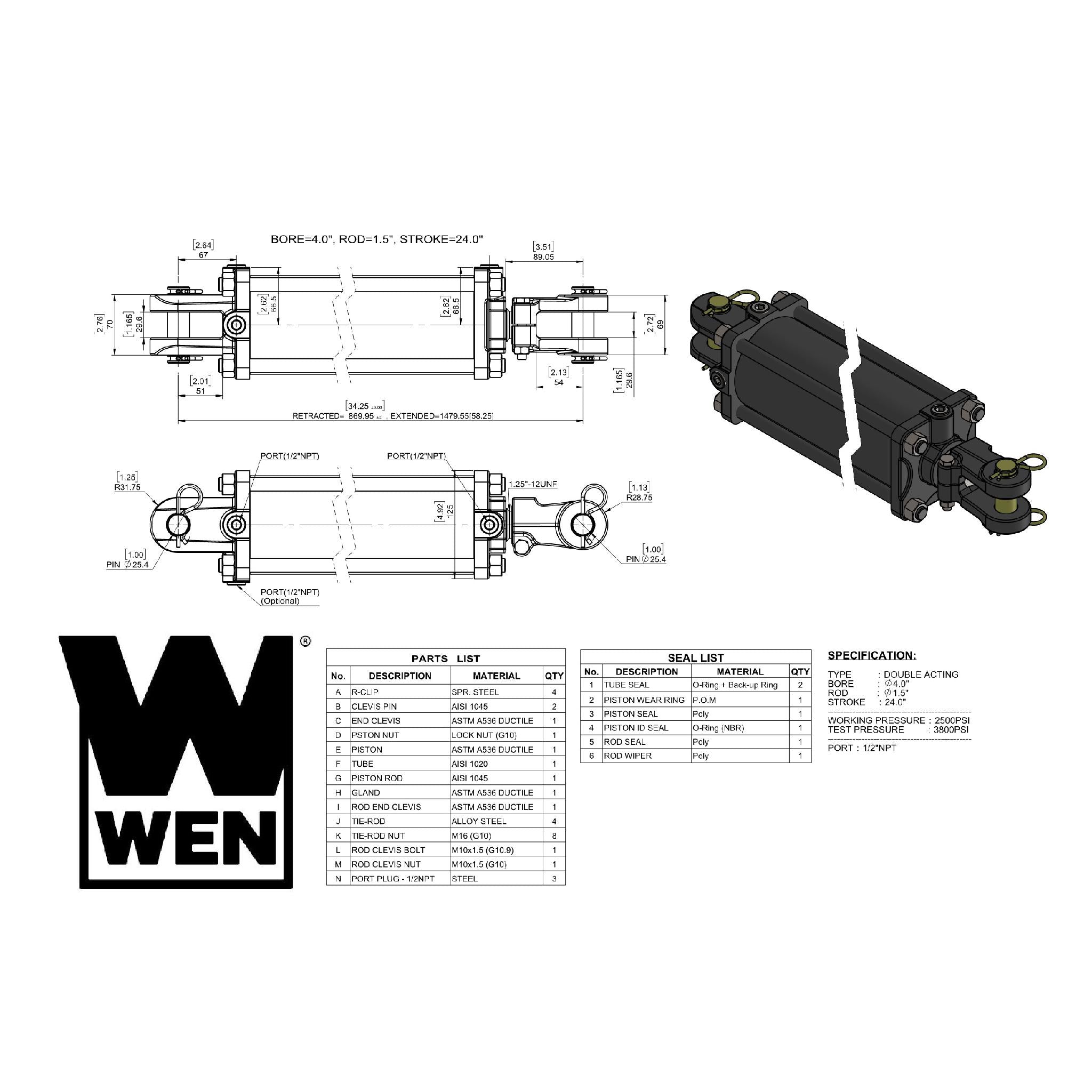 WEN TR4024 2500 PSI Hydraulic Cylinder - 4 Inch Bore, 24 Inch Stroke for Heavy-Duty Construction Equipment and Industrial Machinery