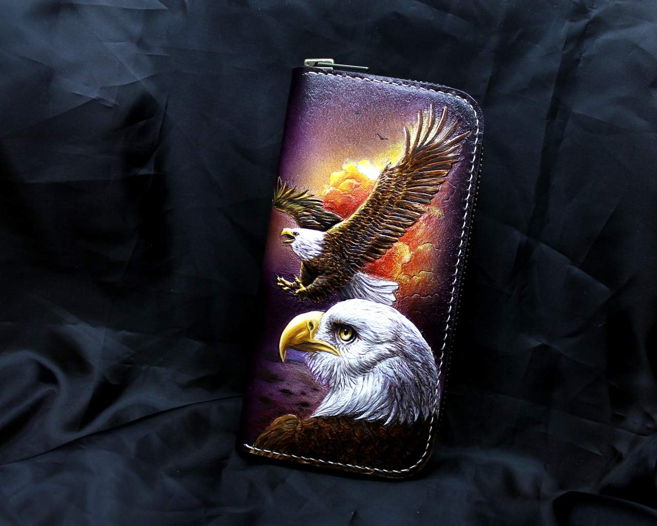 Handcrafted 3D Genuine Leather Men's Wallet - Long Biker Wallet with Eagle Design, Hand-Carved & Hand-Painted Custom Personalized Leather Wallet for Men - Perfect for Motorcycle Enthusiasts & Everyday Use