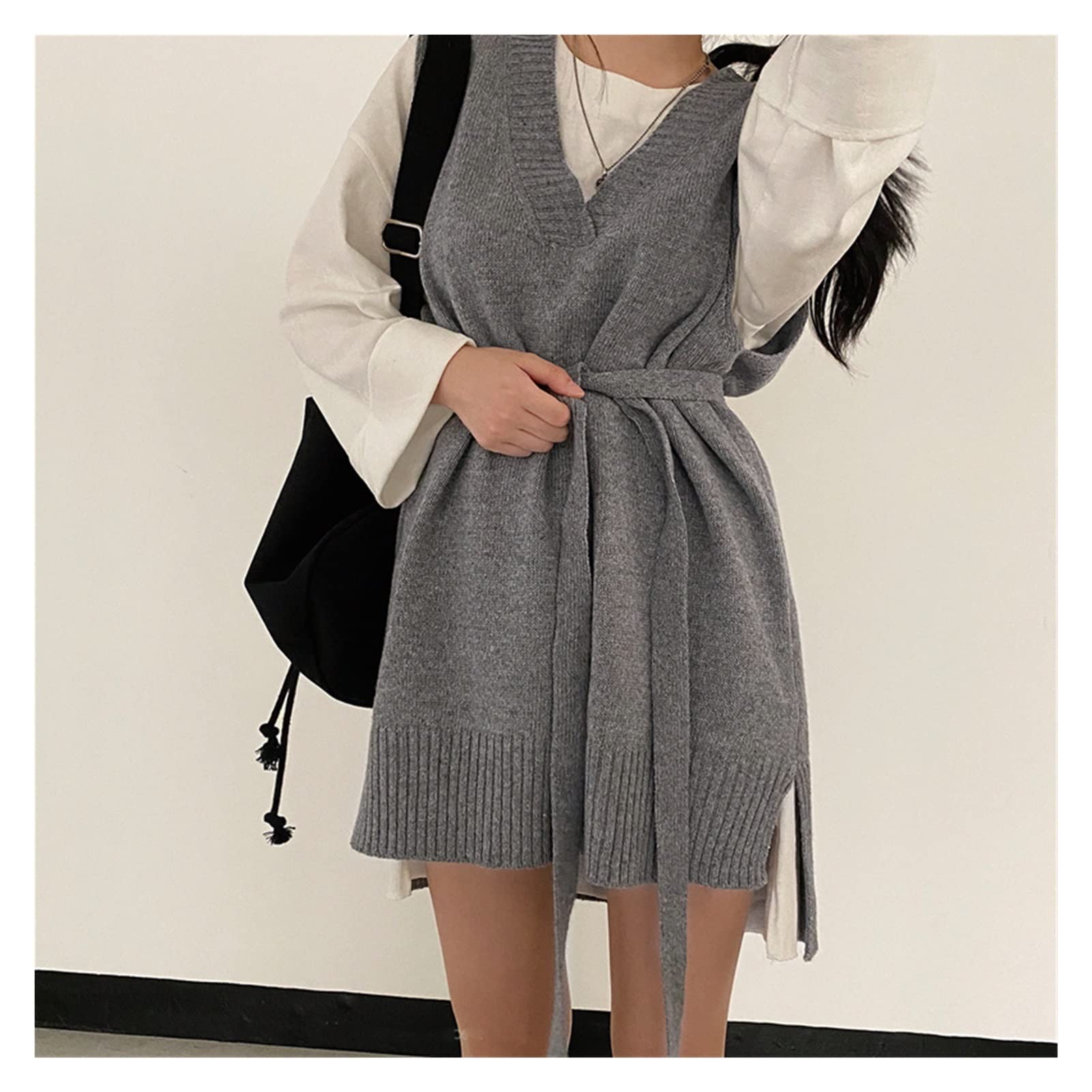 Women's Solid Color V-Neck Sleeveless Sweater Vest with Belt - Loose Knitted Casual Top for Autumn | One Size | Perfect for Layering, Office Wear & Fall Outfits
