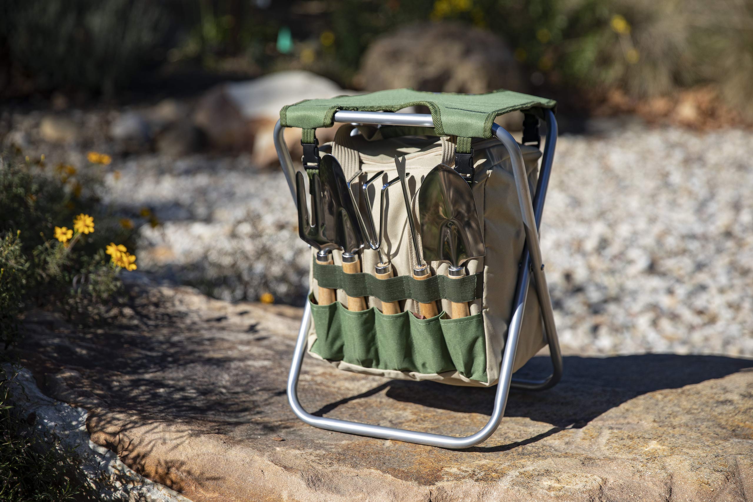 ONIVA - Picnic Time Brand Gardener Folding Seat with Tools | Portable Garden Stool with Detachable Storage Tote Bag | Garden Tools Set Organizer | Olive Green & Beige | Perfect for Outdoor Gardening, Picnics & Camping