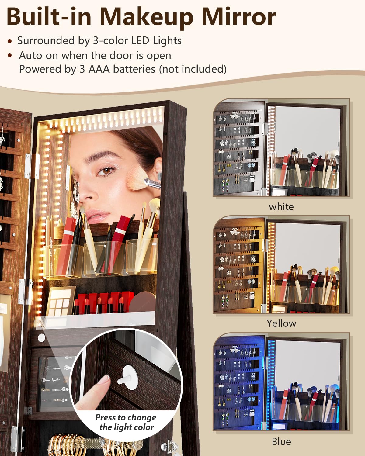 360° Rotating Jewelry Armoire with LED Lights - 63