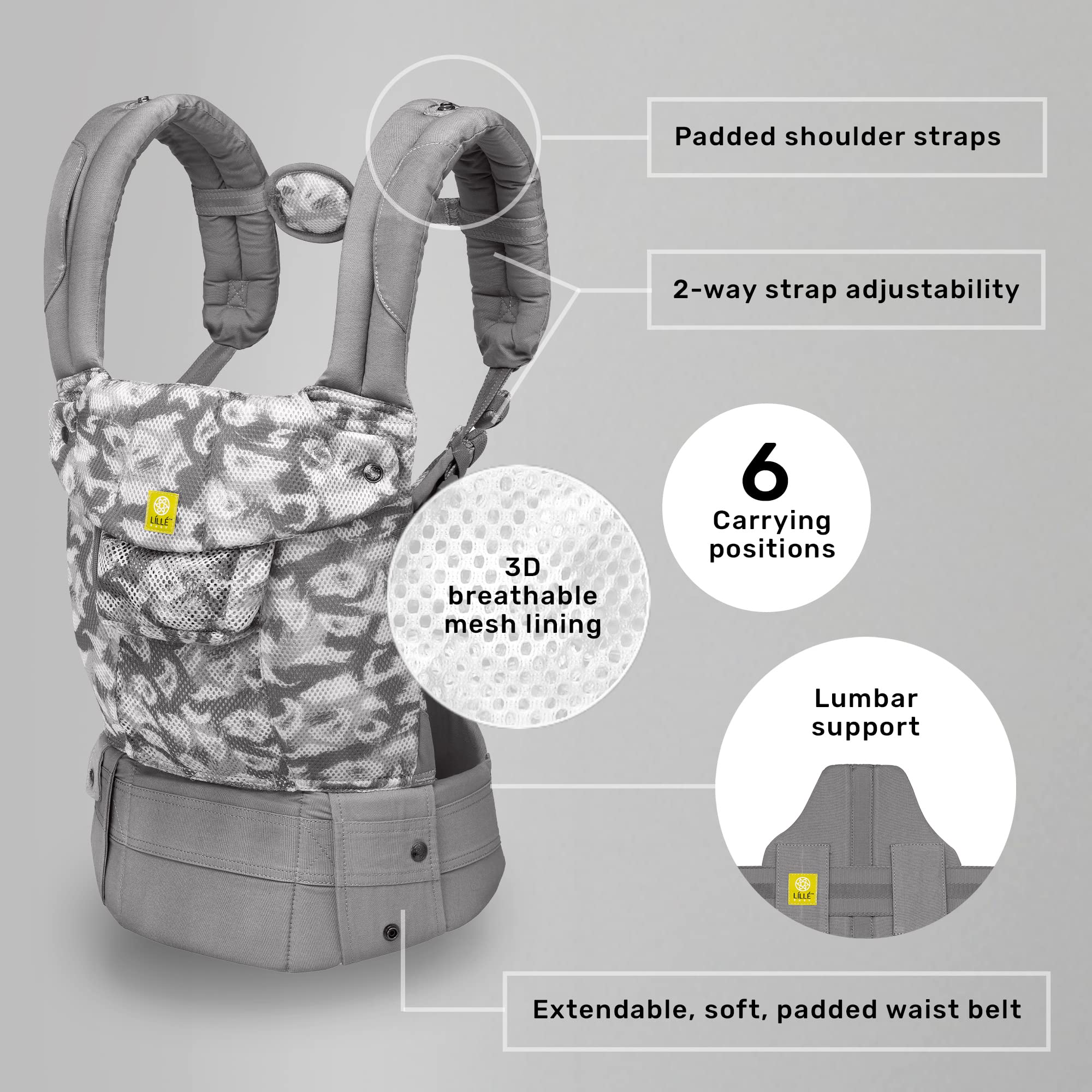 LÍLLÉbaby Complete Airflow 6-in-1 Ergonomic Baby Carrier - Adjustable Newborn to Toddler Carrier (7-45 lbs) with Lumbar Support | Frosted Leopard Print | Hands-Free Baby Wearing for Hiking, Shopping & Parenting
