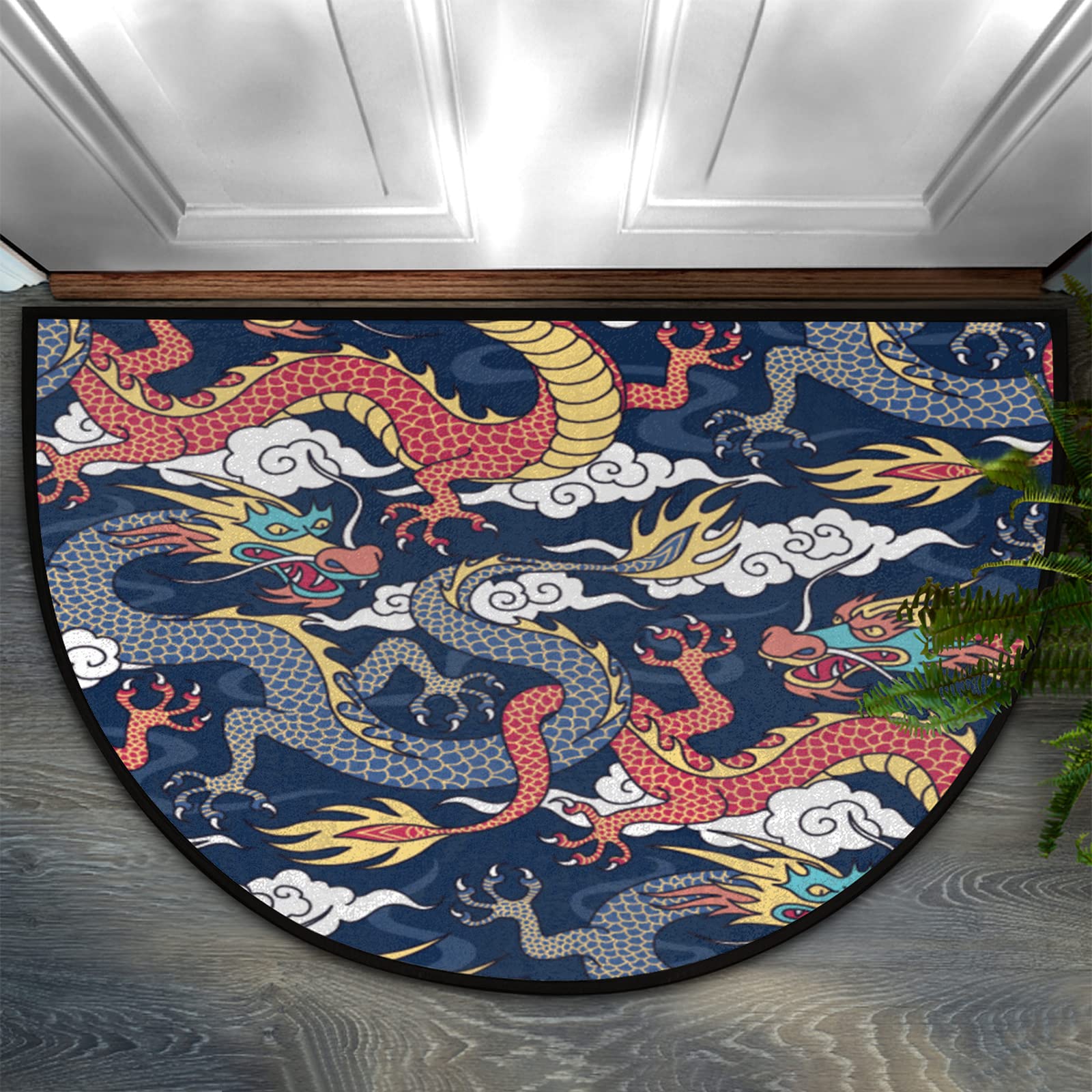 Chinese Dragon Ethnic Half Round Non-Slip Doormat - 24x36 Inch Asian Animal Welcome Rug for Front Door, Entryway, Bedroom, Bathroom, Kitchen, Garage & Patio - Perfect for Home Decor, Indoor/Outdoor Use & Cultural Gift Giving