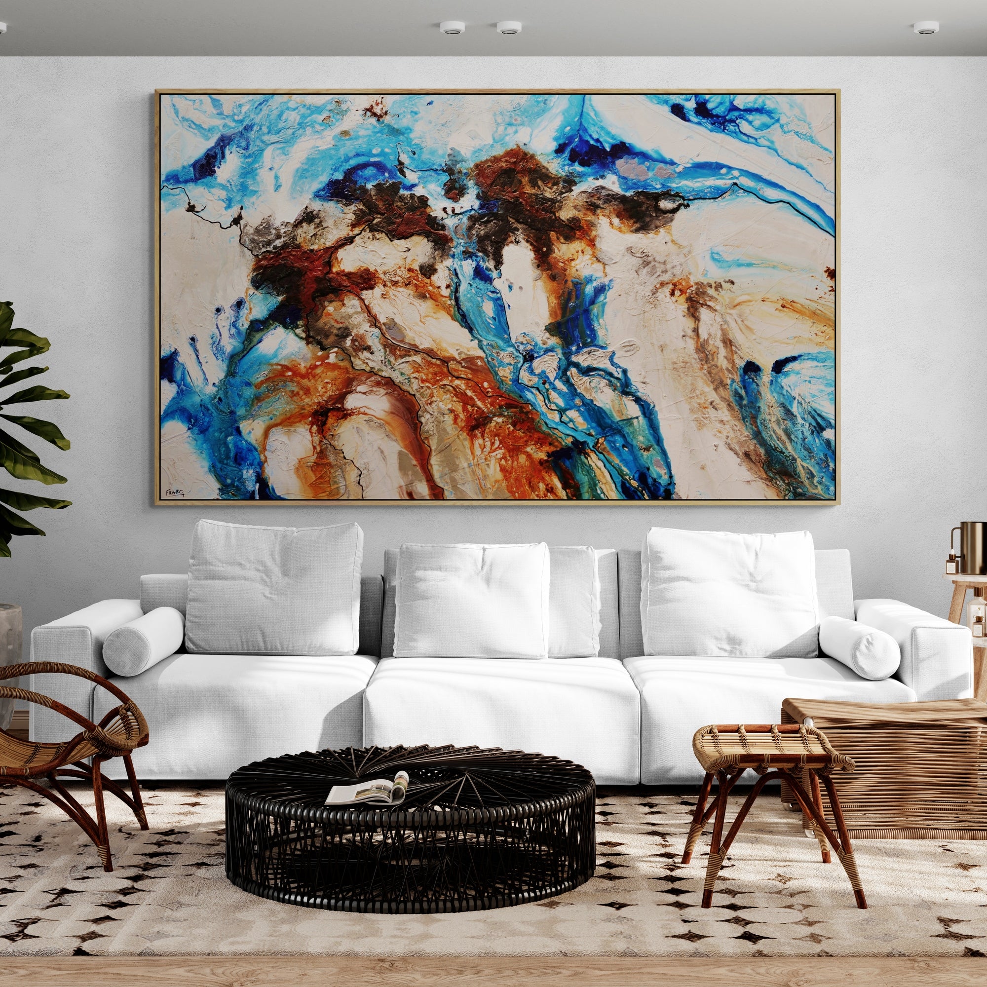280cm x 170cm Blue Rust Cream Textured Abstract Canvas Wall Art - Modern Large Painting for Living Room, Bedroom & Office Decor