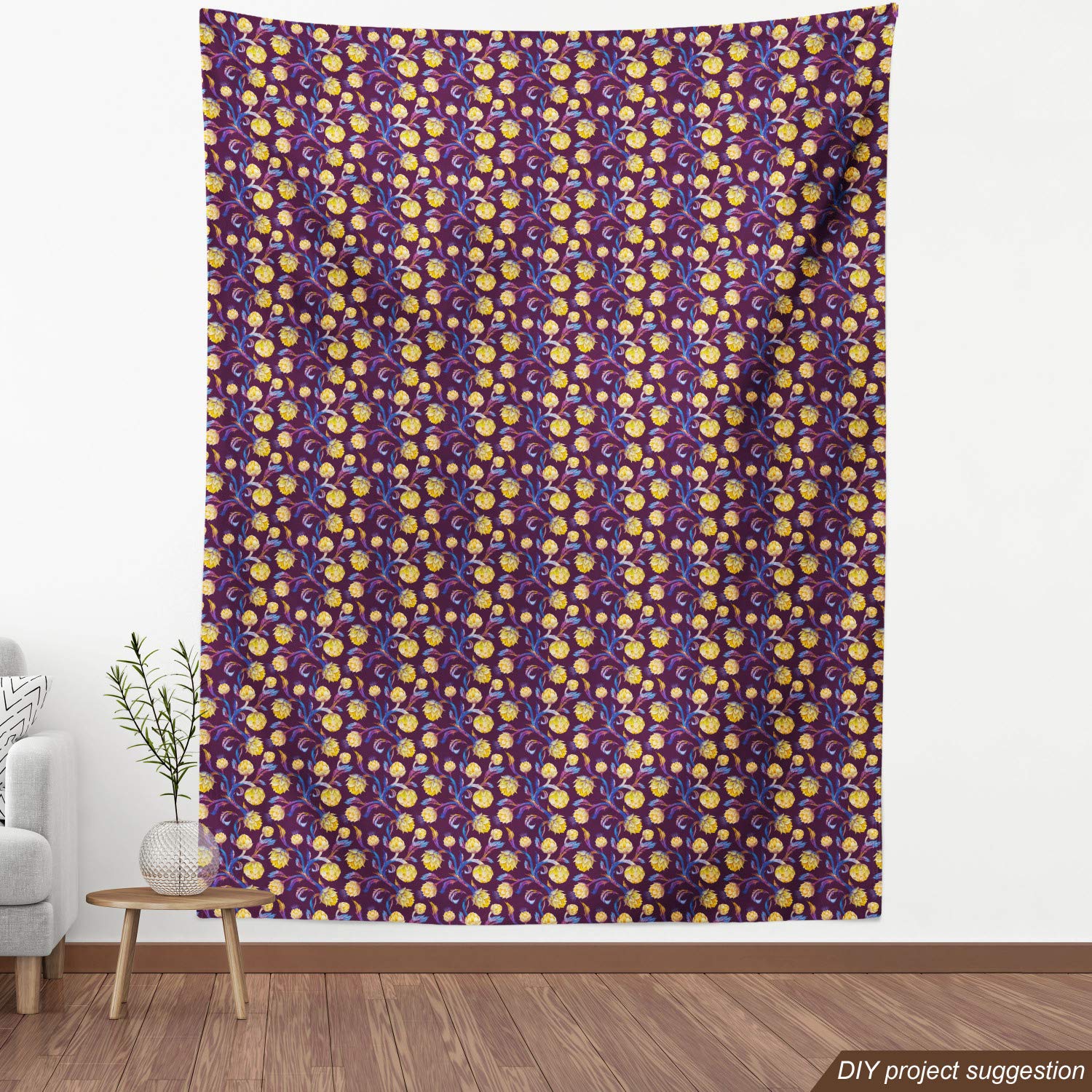 Ambesonne Art Nouveau Artichoke Fabric by The Yard - Vibrant Dark Blue & Yellow Vegan Decorative Upholstery Material (10 Yards) for Sofa, Curtains, Pillows & Home Decor
