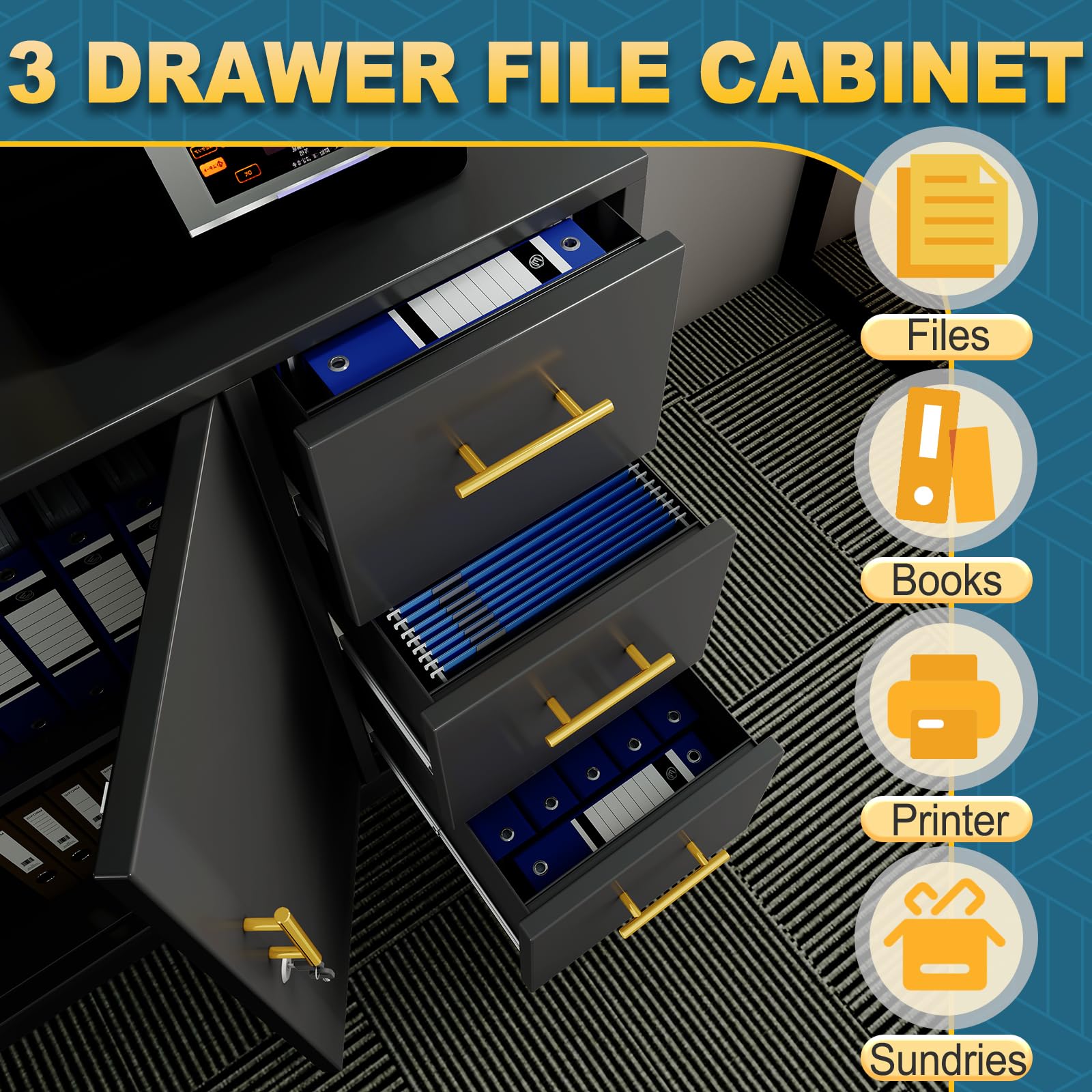 3-Drawer Lateral File Cabinet with Lock - Metal Storage Cabinet for Office, Home, Garage, School & Gym - Secure Document Organizer for Files & Supplies (Black) - Perfect for Workspaces, Storage Rooms & Home Offices