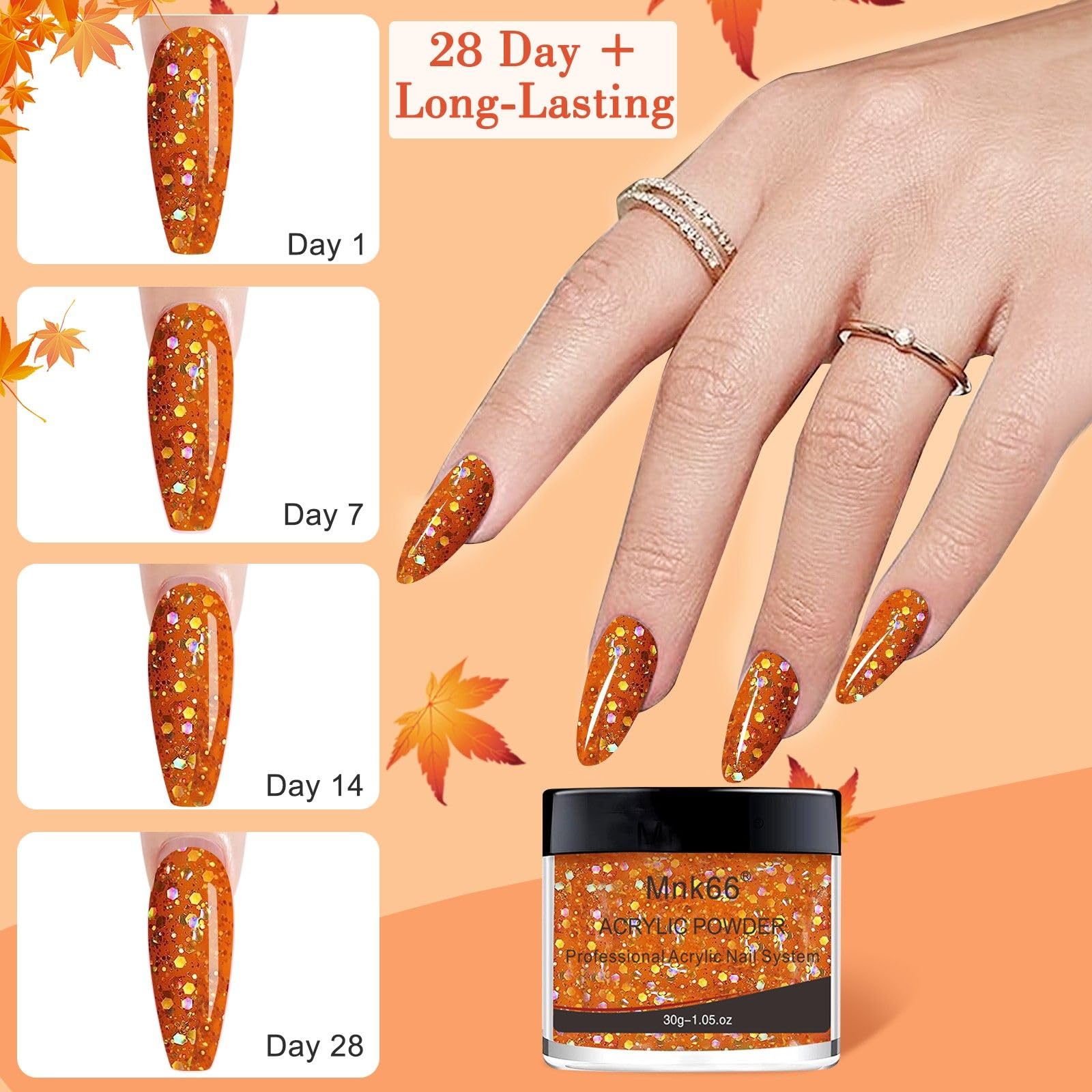 Professional Orange Glitter Acrylic Nail Powder for Nail Extensions & 3D French Nail Art - 30g Halloween Nail Design Kit with Flower Carving Tools, Perfect for Beginners & DIY Manicures | Salon & Home Use, Party & Special Occasion Nails