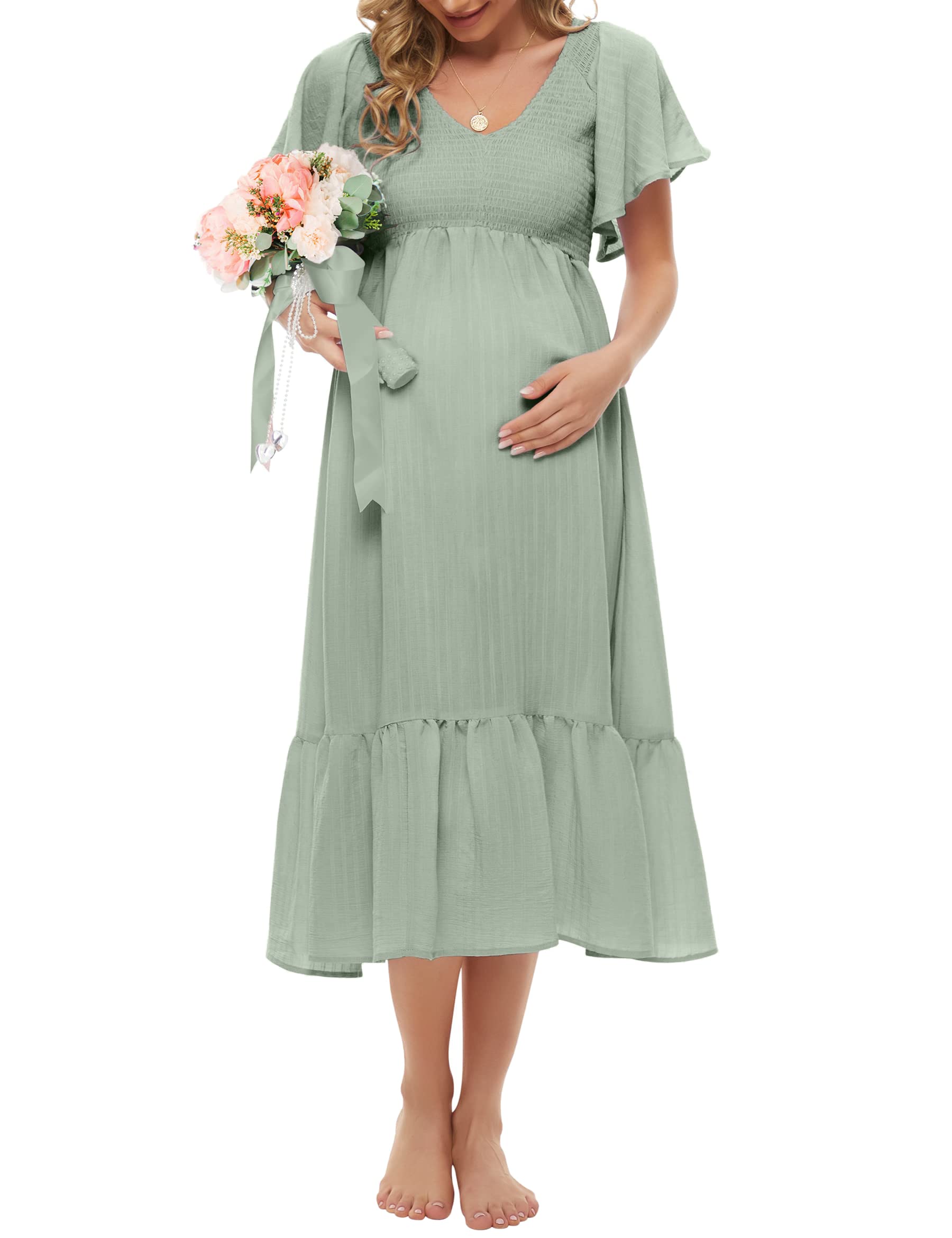 Boho Flutter Short Sleeve Maternity Dress for Women - V-Neck Smocked Midi Dress for Baby Shower & Casual Wear (Sizes S-2XL) | Perfect for Pregnancy Photos, Bridal Showers & Summer Outfits