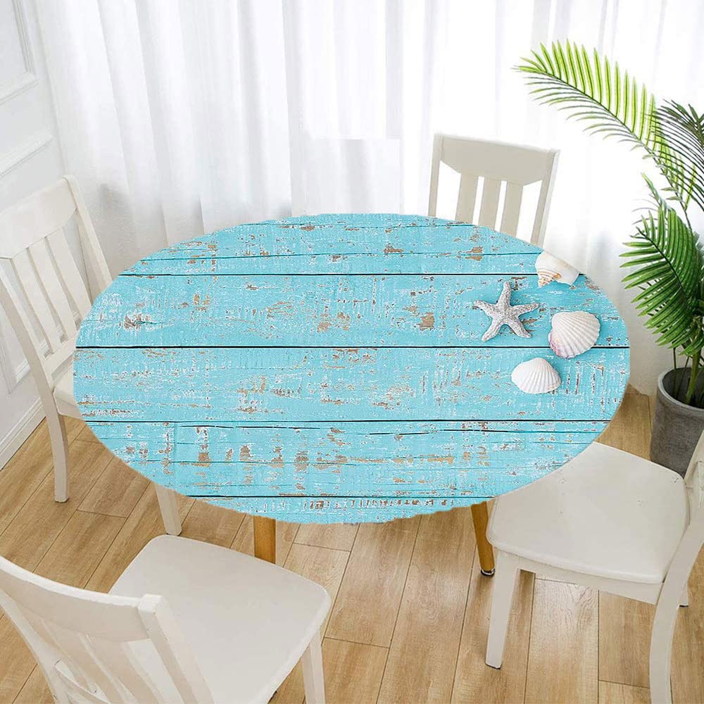 Ocean Blue Round Tablecloth with Elastic Edge - Waterproof & Wipeable Marine Theme Table Cover for 44