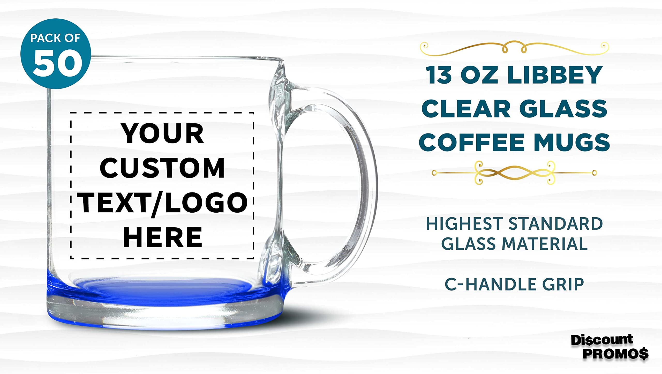 Customized 13 oz Libbey Clear Glass Coffee Mugs - Bulk Pack of 50 Personalized Drinking Glasses for Coffee, Tea, Espresso & Hot Cocoa - Blue Bottom - Ideal for Cafes, Restaurants, Offices & Home Use