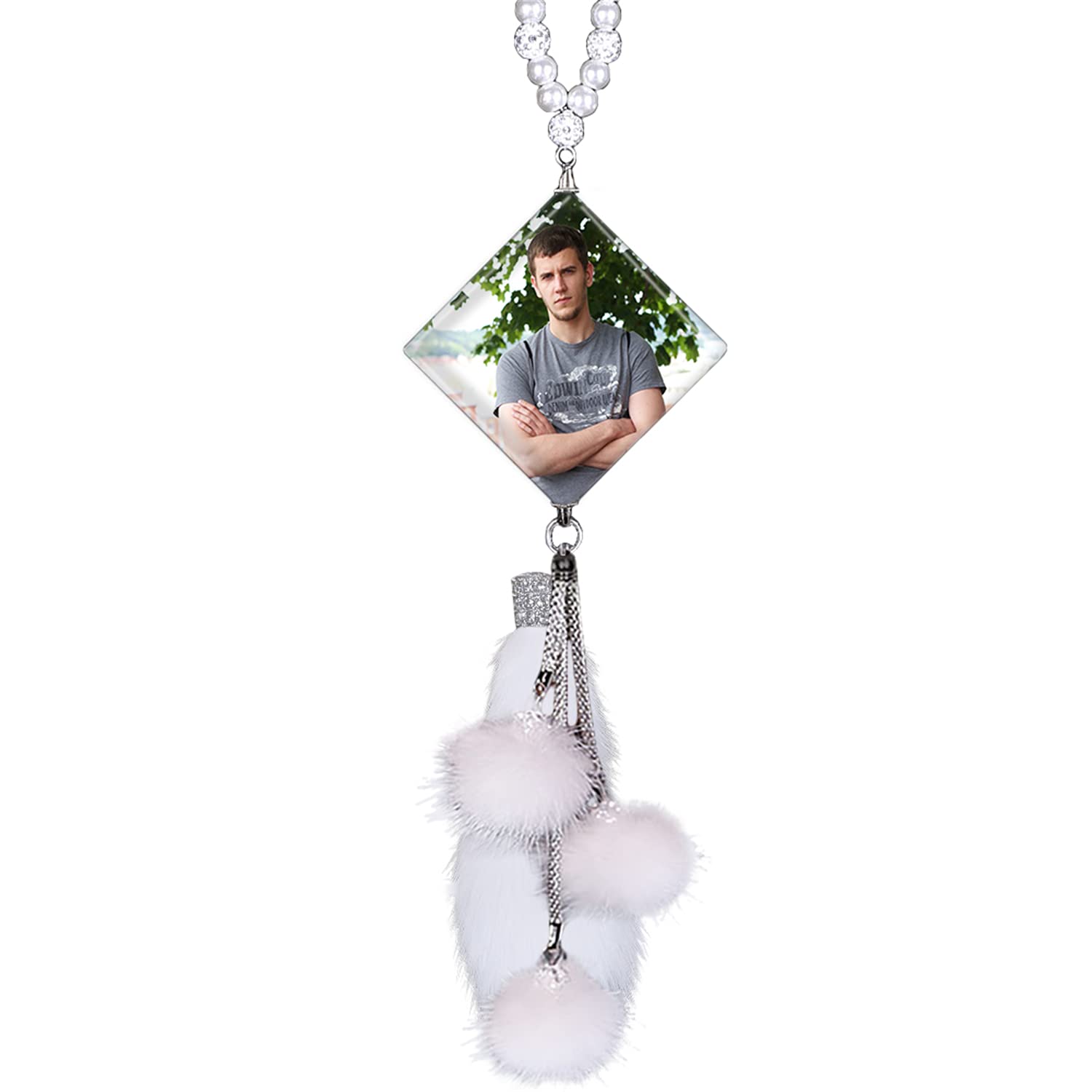 Personalized Car Rearview Mirror Photo Frame - 4 Picture Hanging Ornament with Fur Ball, Custom Car Mirror Accessories for Decoration | Perfect for Gifts, Family Photos & Car Interior Styling
